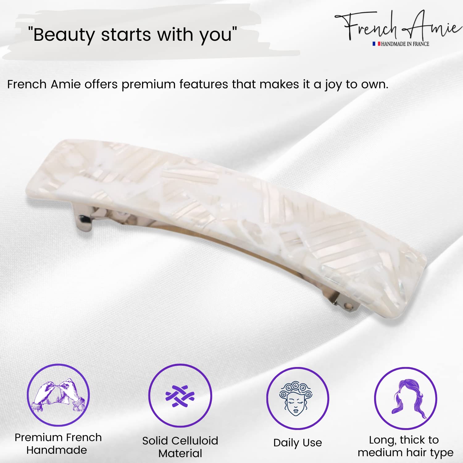 French Amie Oblong 3 1/2" Cellulose Handmade Automatic Hair Barrette for Women
