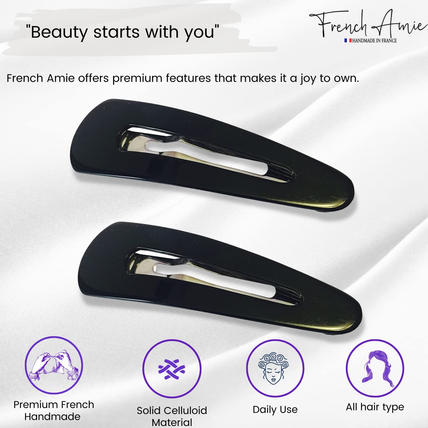 French Amie Clic Clac Large Handmade Cellulose Snap Hair Pins for Women(2 Pcs)