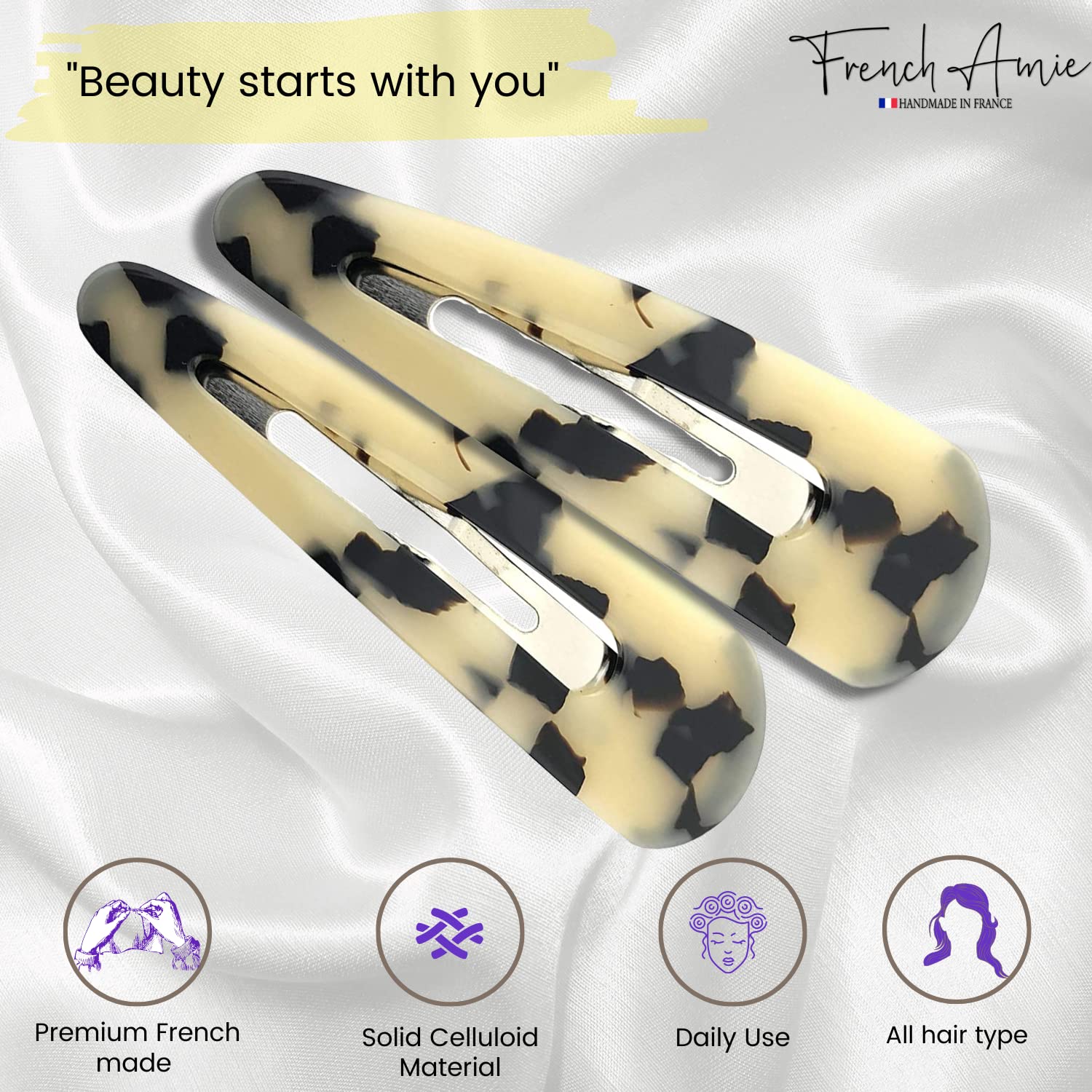 French Amie Clic Clac Large Handmade Cellulose Snap Hair Pins for Women(2 Pcs)