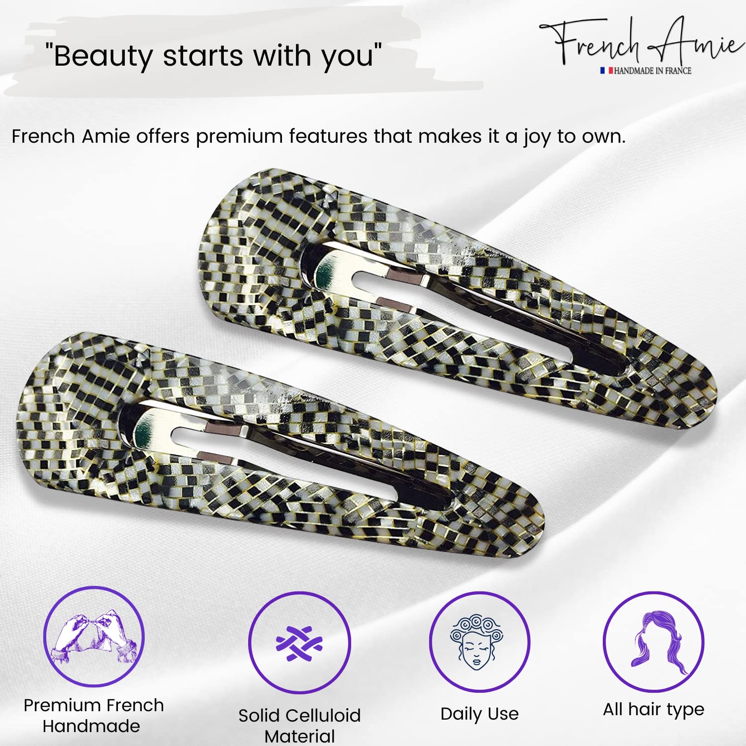 French Amie Clic Clac Large Handmade Cellulose Snap Hair Pins for Women(2 Pcs)