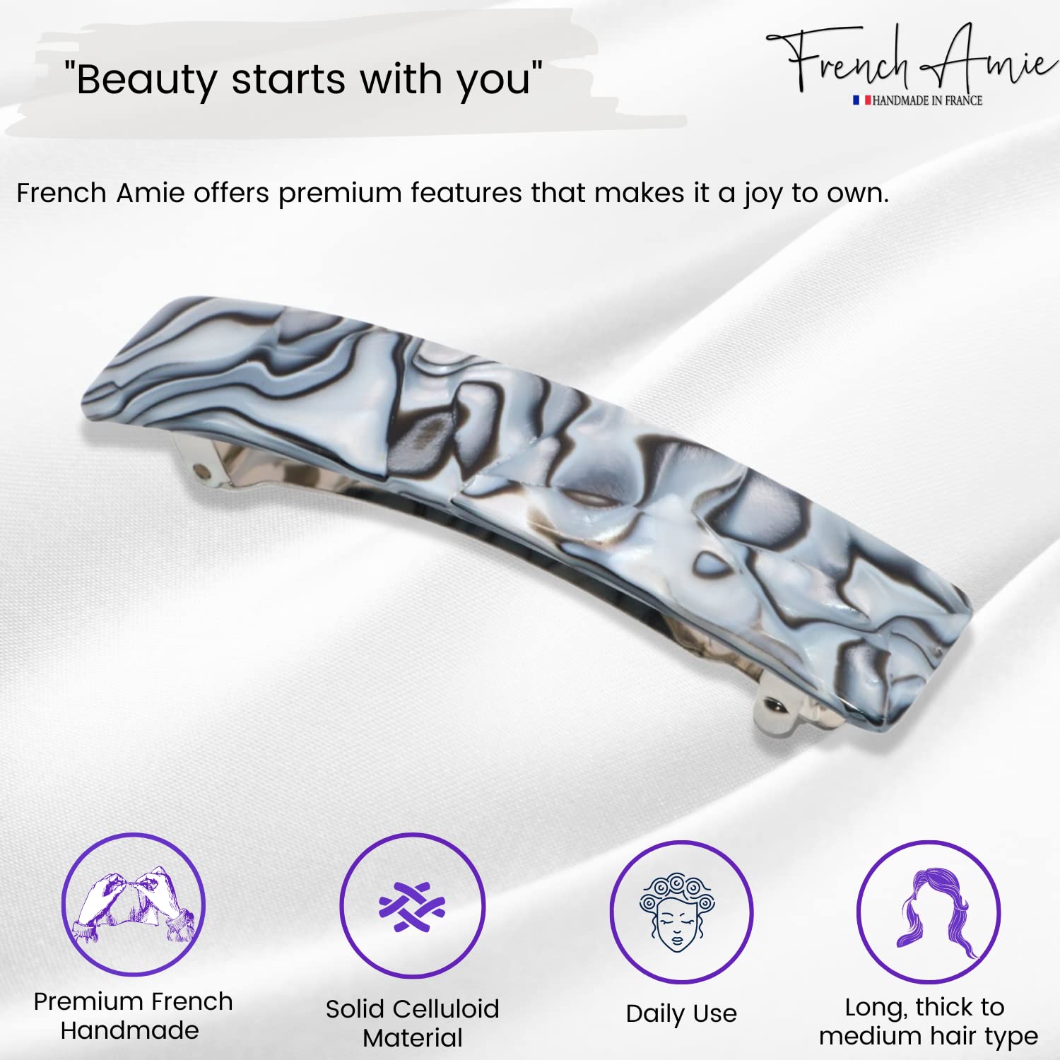 French Amie Oblong 3 1/2" Cellulose Handmade Automatic Hair Barrette for Women