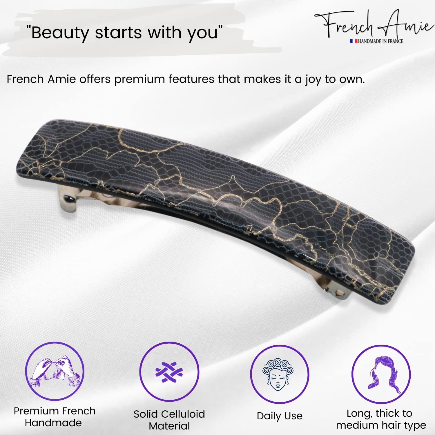 French Amie Oblong 3 1/2" Cellulose Handmade Automatic Hair Barrette for Women