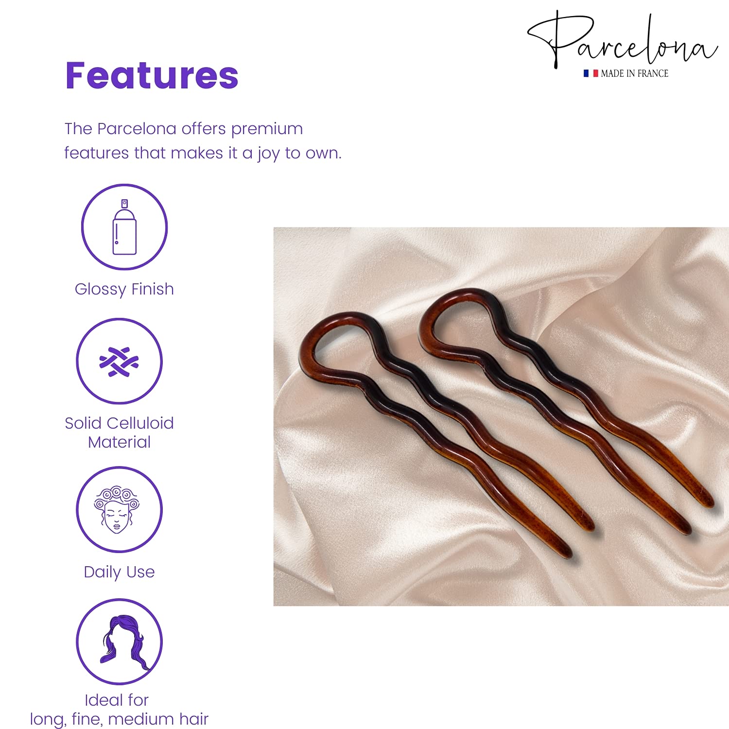 Parcelona French Sleek 3 1/2" Cellulose Wavy U Shaped Hair Pins for Women(2 Pcs)