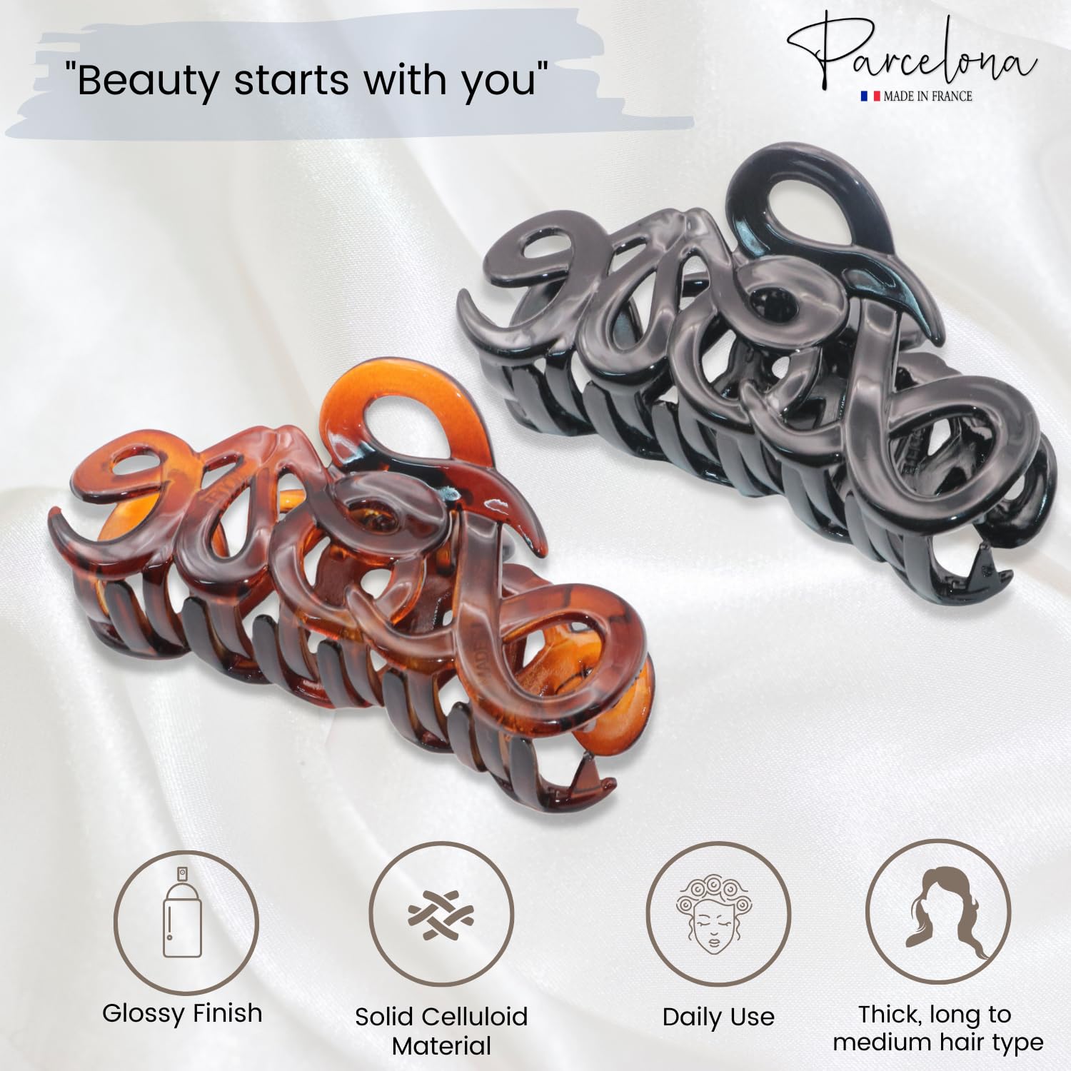 Parcelona French Love Medium 3" Shell and Black Celluloid Hair Claw Clips(2 Pcs)