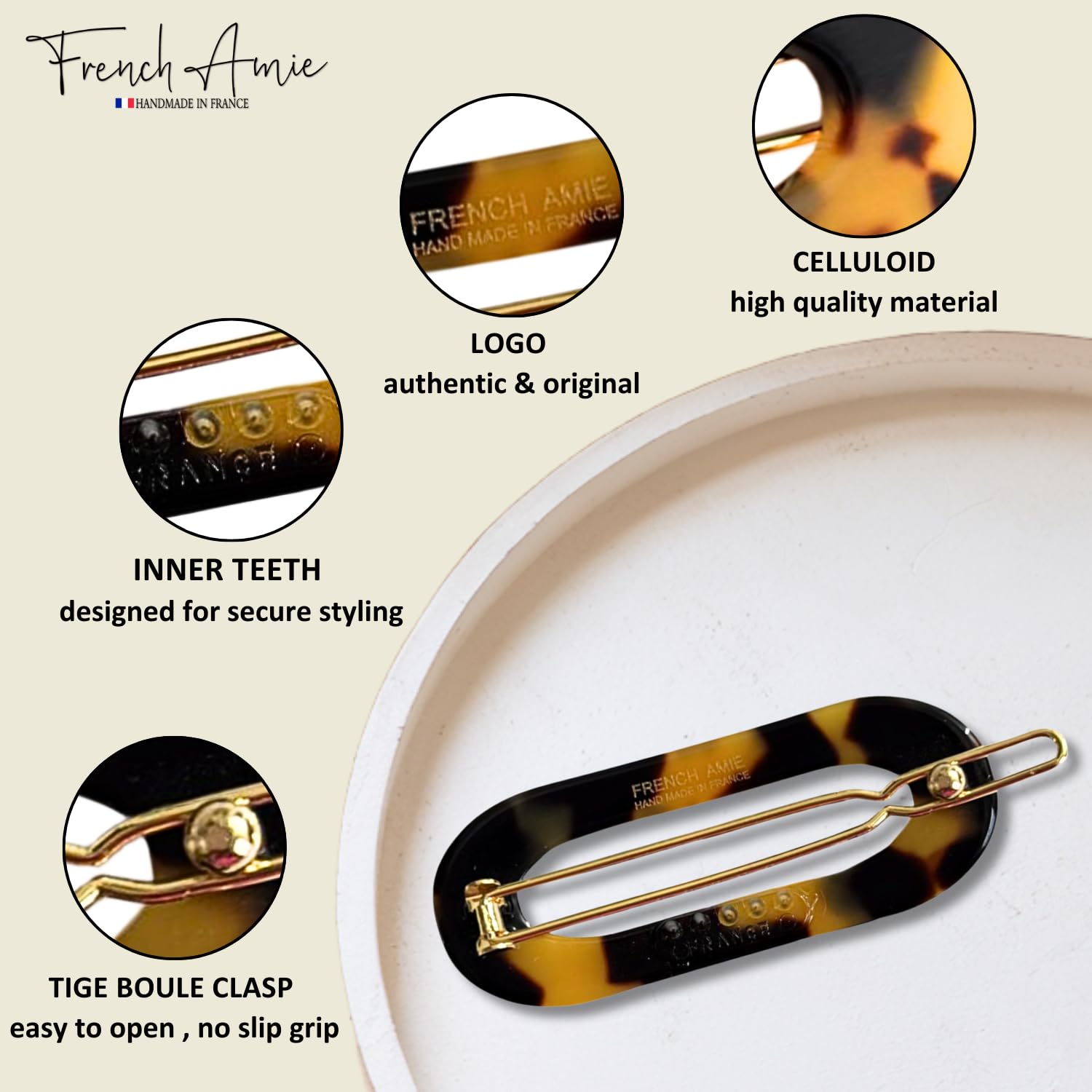 French Amie Mini Oval 2” Celluloid Handmade Snap Tige Boule Hair Clips
