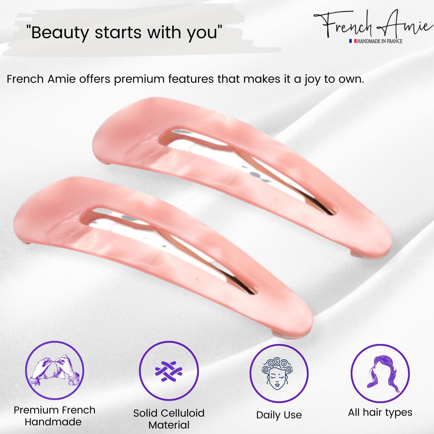 French Amie Clic Clac Large Handmade Cellulose Snap Hair Pins for Women(2 Pcs)