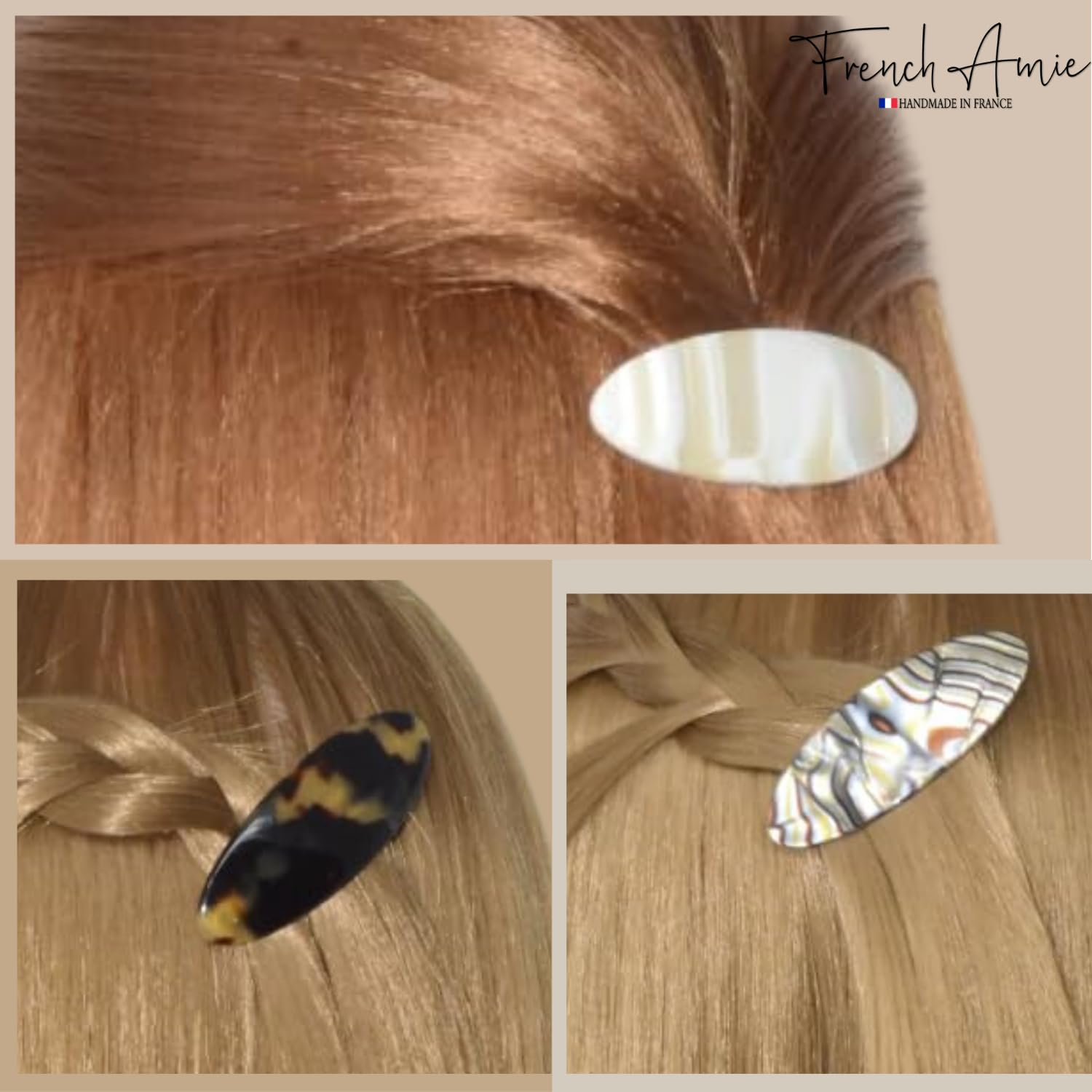 French Amie Oval Small Set of 3 Handmade Celluloid Hair Clip Barrette for Girls
