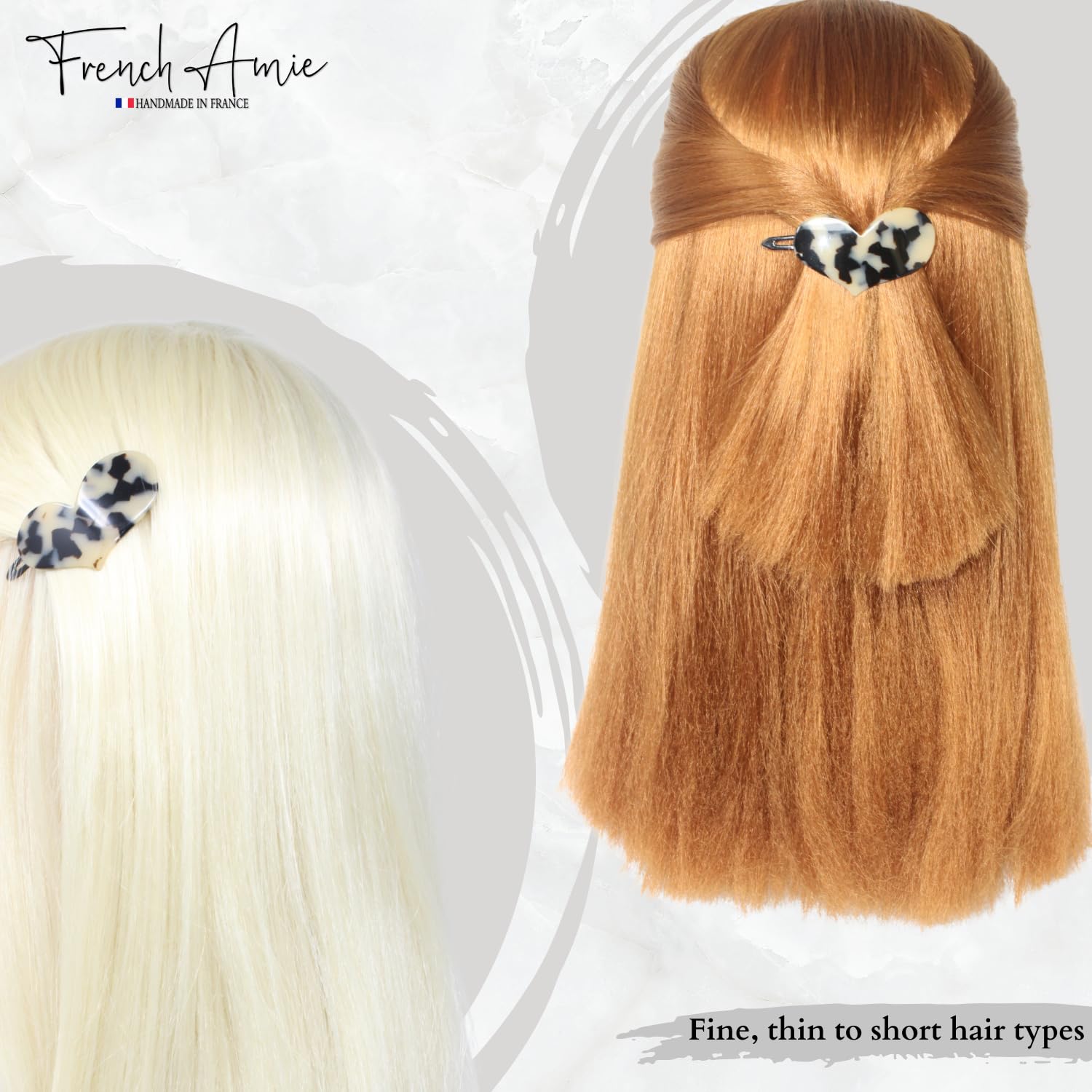 French Amie Cupid Hearts Small Celluloid Metal Free Snap Hair Clips - 2 Pcs