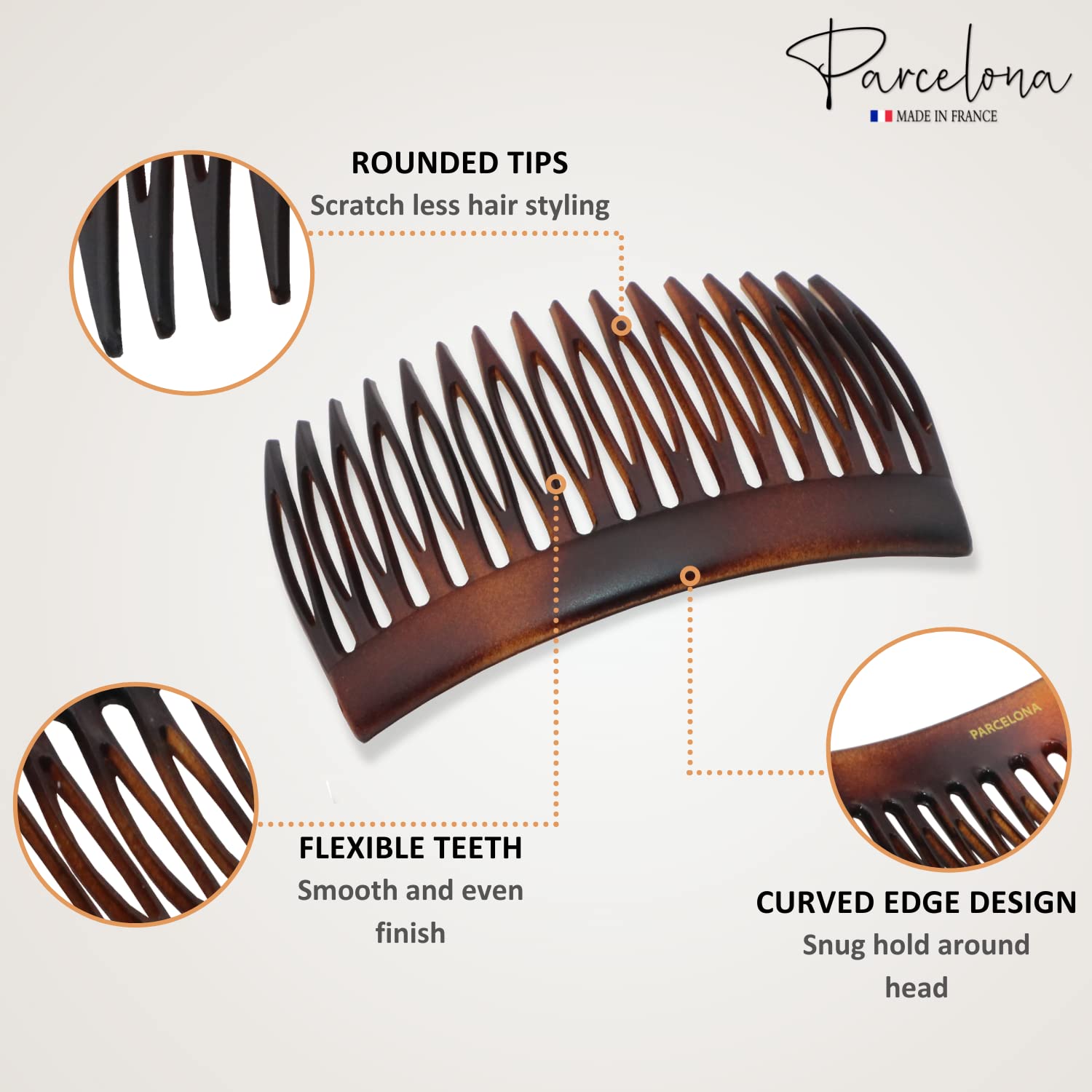 Parcelona French Glossy Shell Medium Cellulose 16 Teeth Side Hair Combs (2 Pcs)