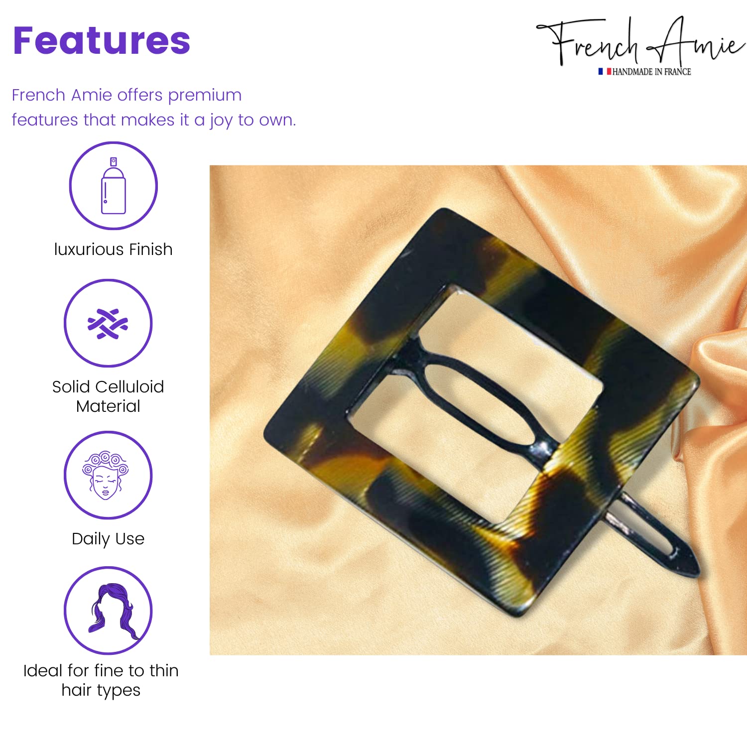 French Amie Squared Small Handmade Cellulose Metal Free Side Slide Hair Barrette