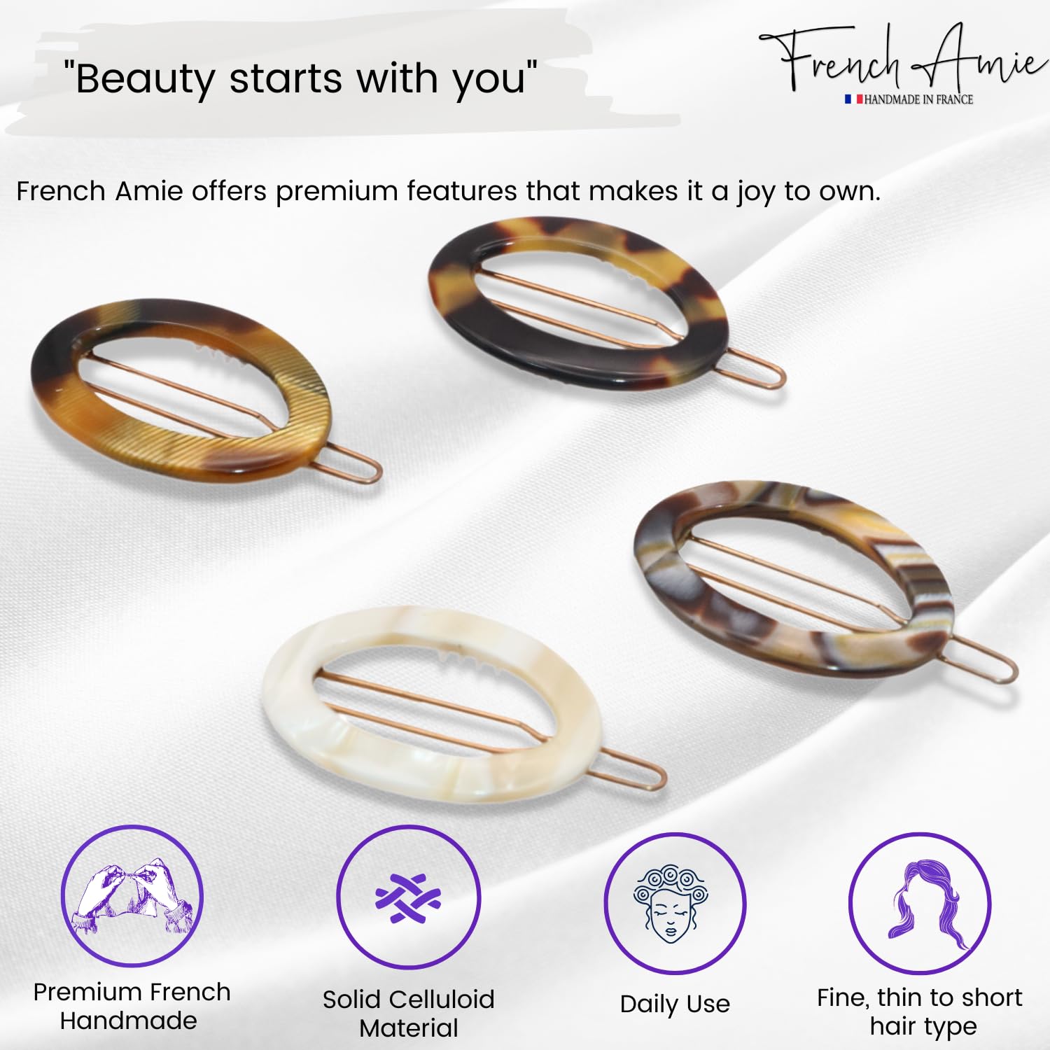 French Amie Oval Hoop Small 1 1/4” Celluloid Handmade Hair Barrette Clips(4 Pcs)