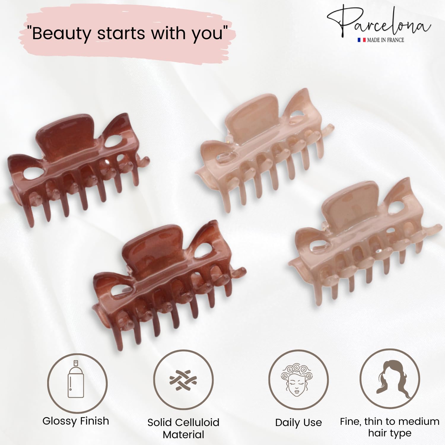 Parcelona French Classic Small Celluloid Hair Claws for Women and Girls (4 Pcs)
