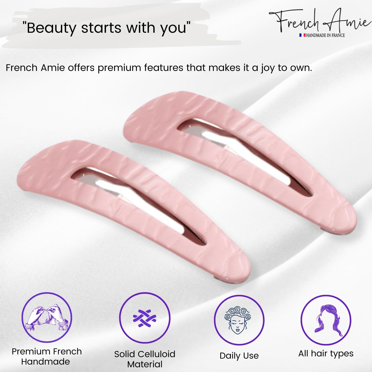 French Amie Clic Clac Large Handmade Cellulose Snap Hair Pins for Women(2 Pcs)