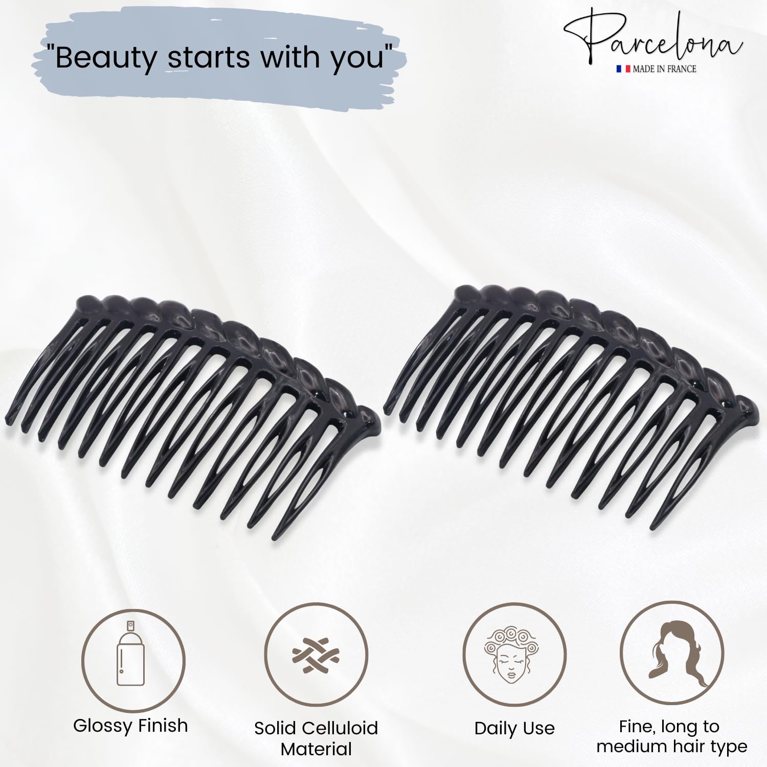Parcelona French Twisted Edge Black 3” Set of 2 Flexible 13 teeth Side Hair Comb