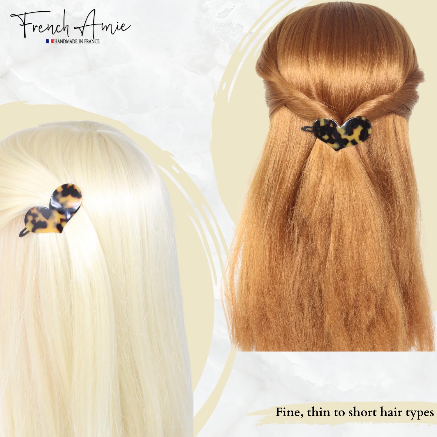 French Amie Cupid Hearts Small Celluloid Metal Free Snap Hair Clips - 2 Pcs