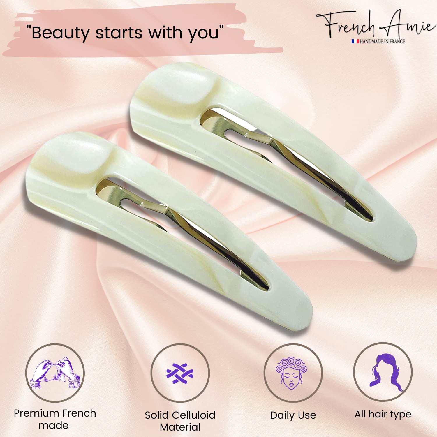 French Amie Clic Clac Large Handmade Cellulose Snap Hair Pins for Women(2 Pcs)