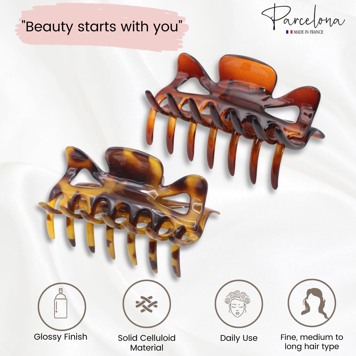 Parcelona French Classic 3" Medium Cellulose Hair Claws for Women & Girls (2Pcs)
