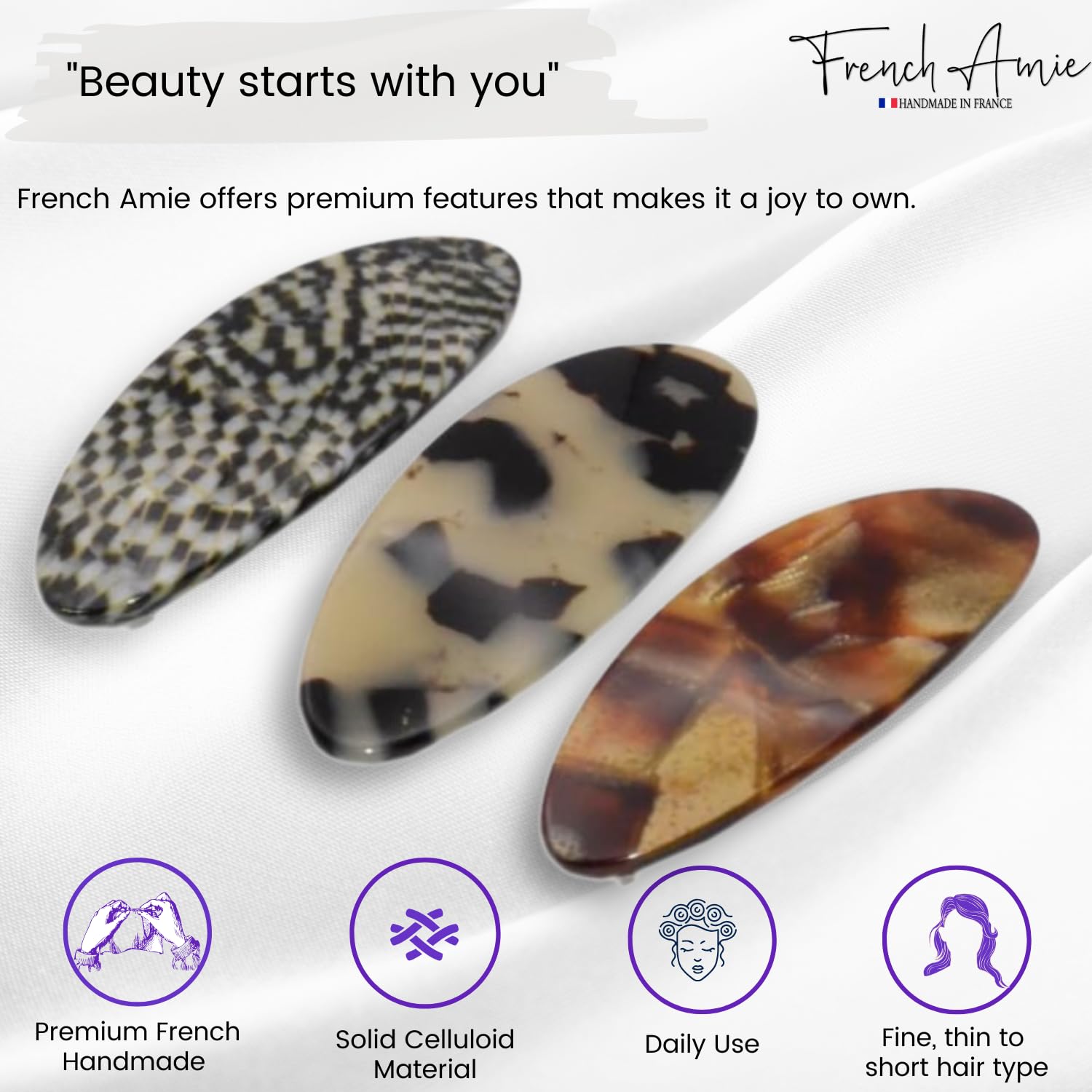 French Amie Oval Small Set of 3 Handmade Celluloid Hair Clip Barrette for Girls