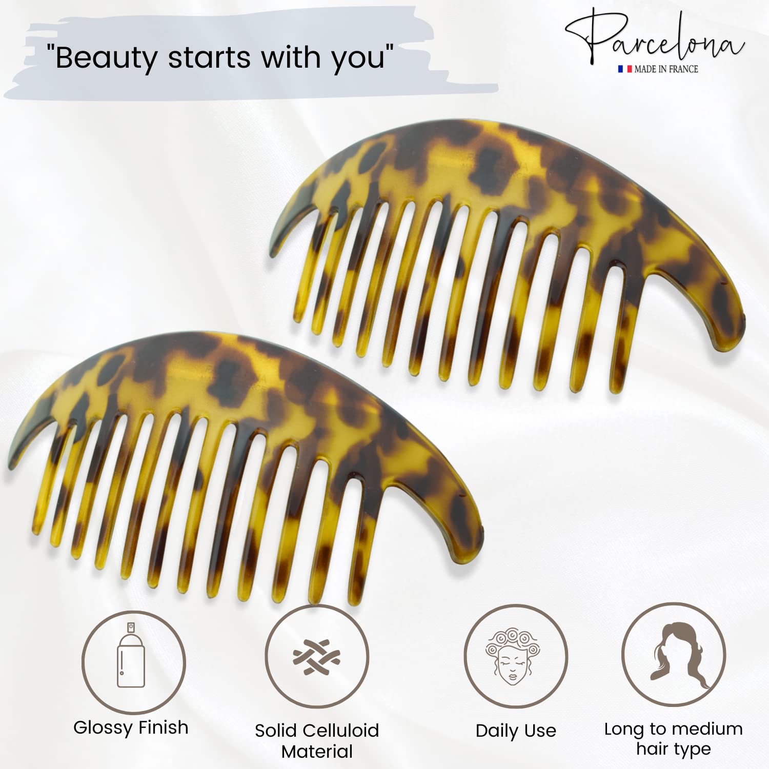 Parcelona French Alice Large Cellulose 12 Teeth Side Hair Combs for Women 2 Pcs