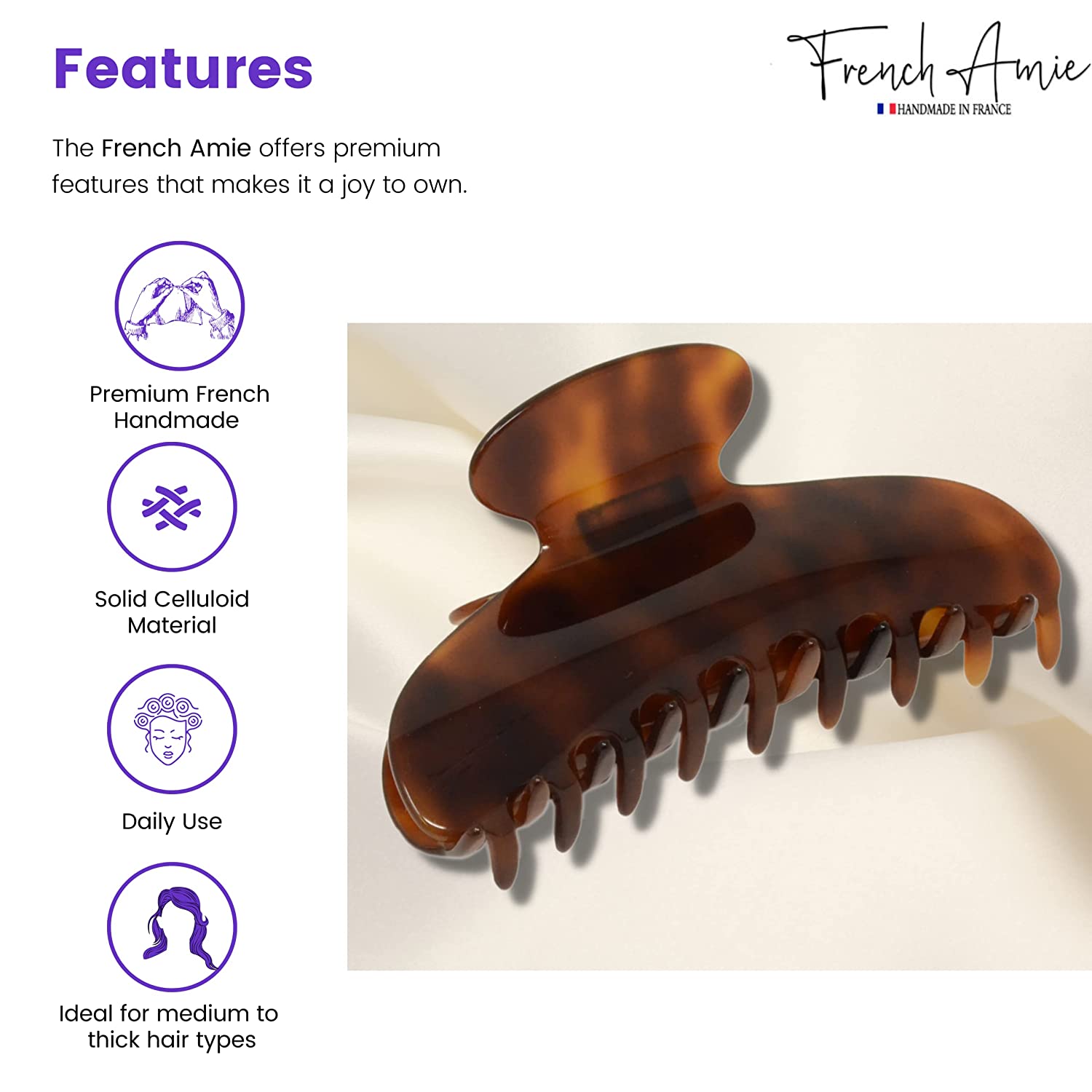 French Amie Thin Oval Large 4 1/4” Handmade Cellulose Acetate Jaw Hair Claw Women