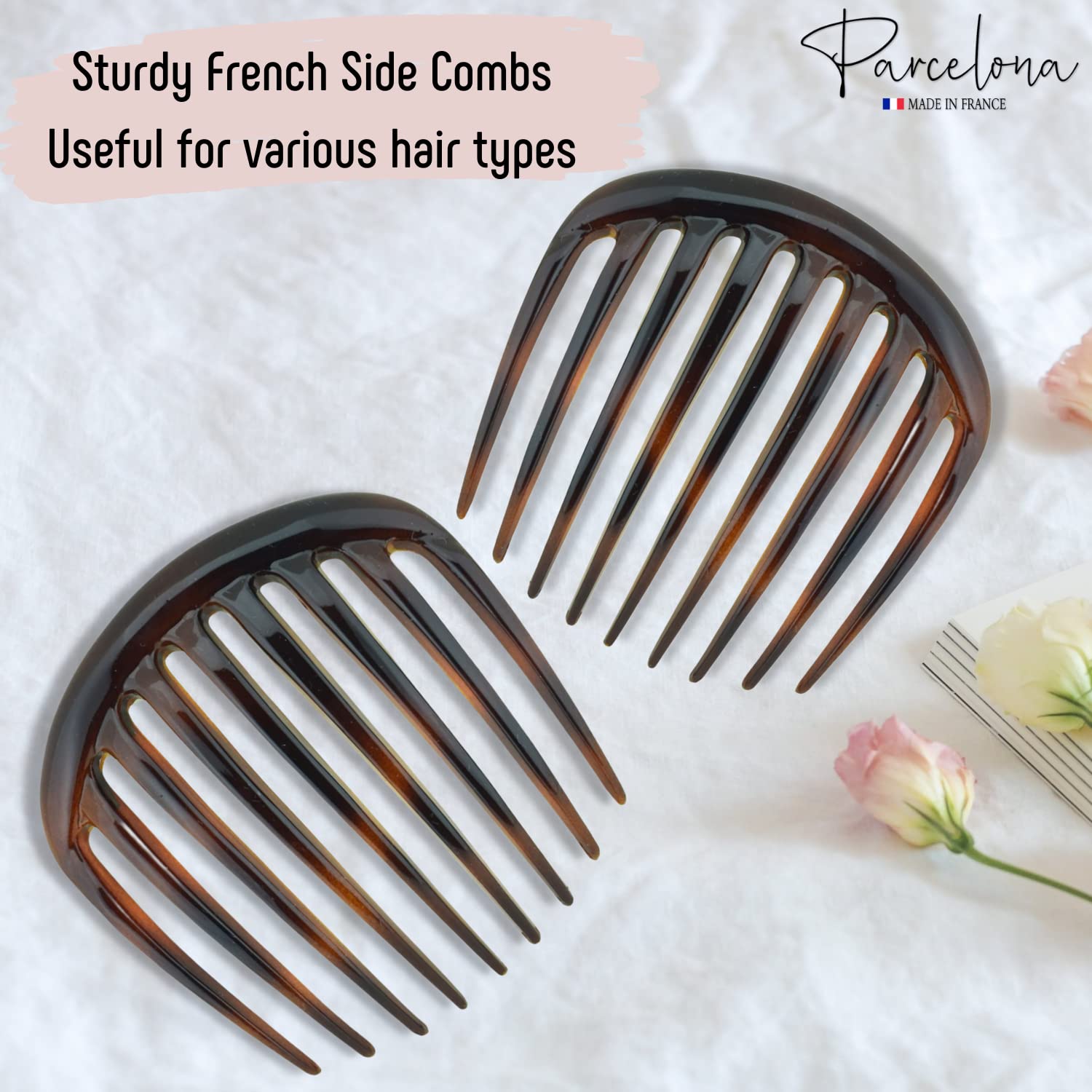 Parcelona French Smooth Edge Cellulose Acetate Hair Side Combs for Women (2 Pcs)