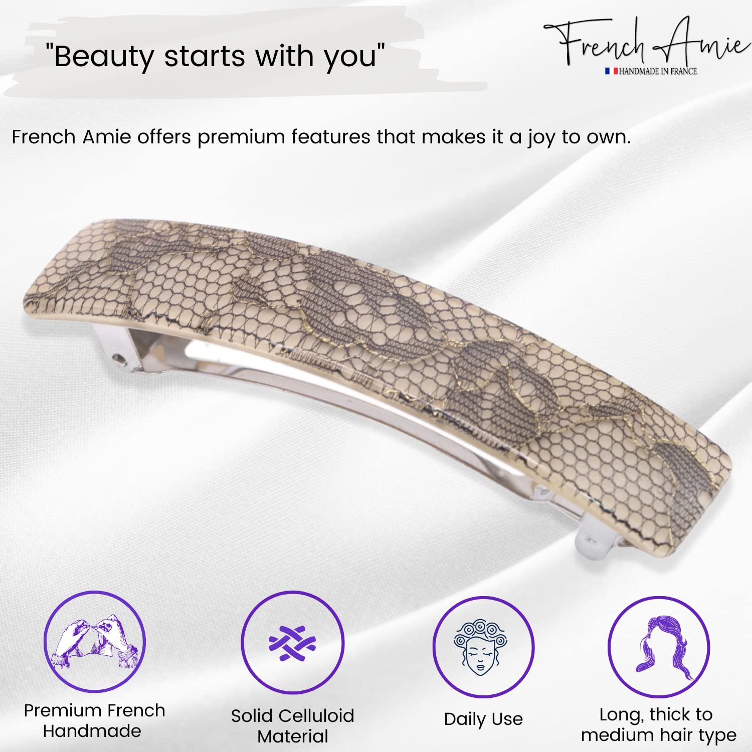 French Amie Oblong 3 1/2" Cellulose Handmade Automatic Hair Barrette for Women