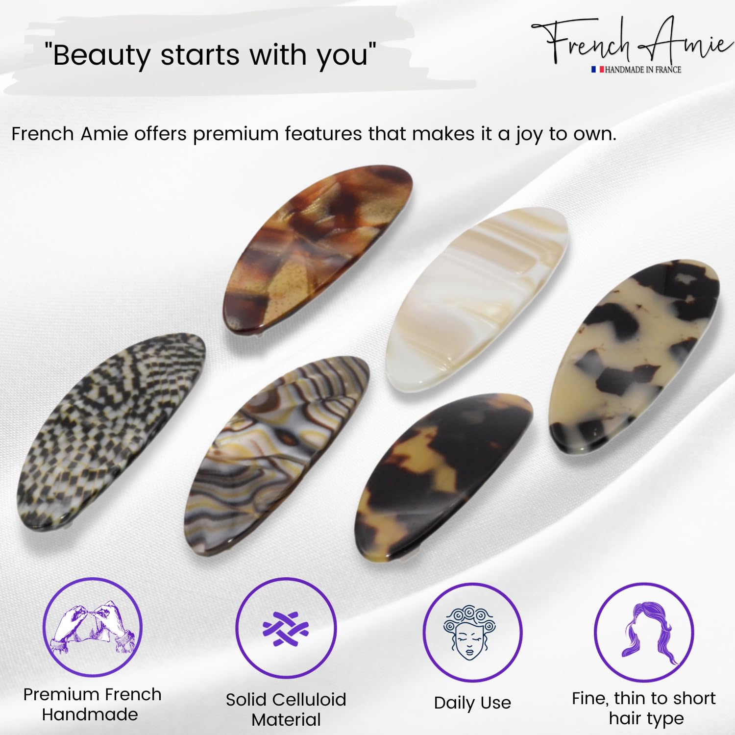 French Amie Oval Mini Set of 6 Handmade Celluloid Hair Clip Barrette for Girls