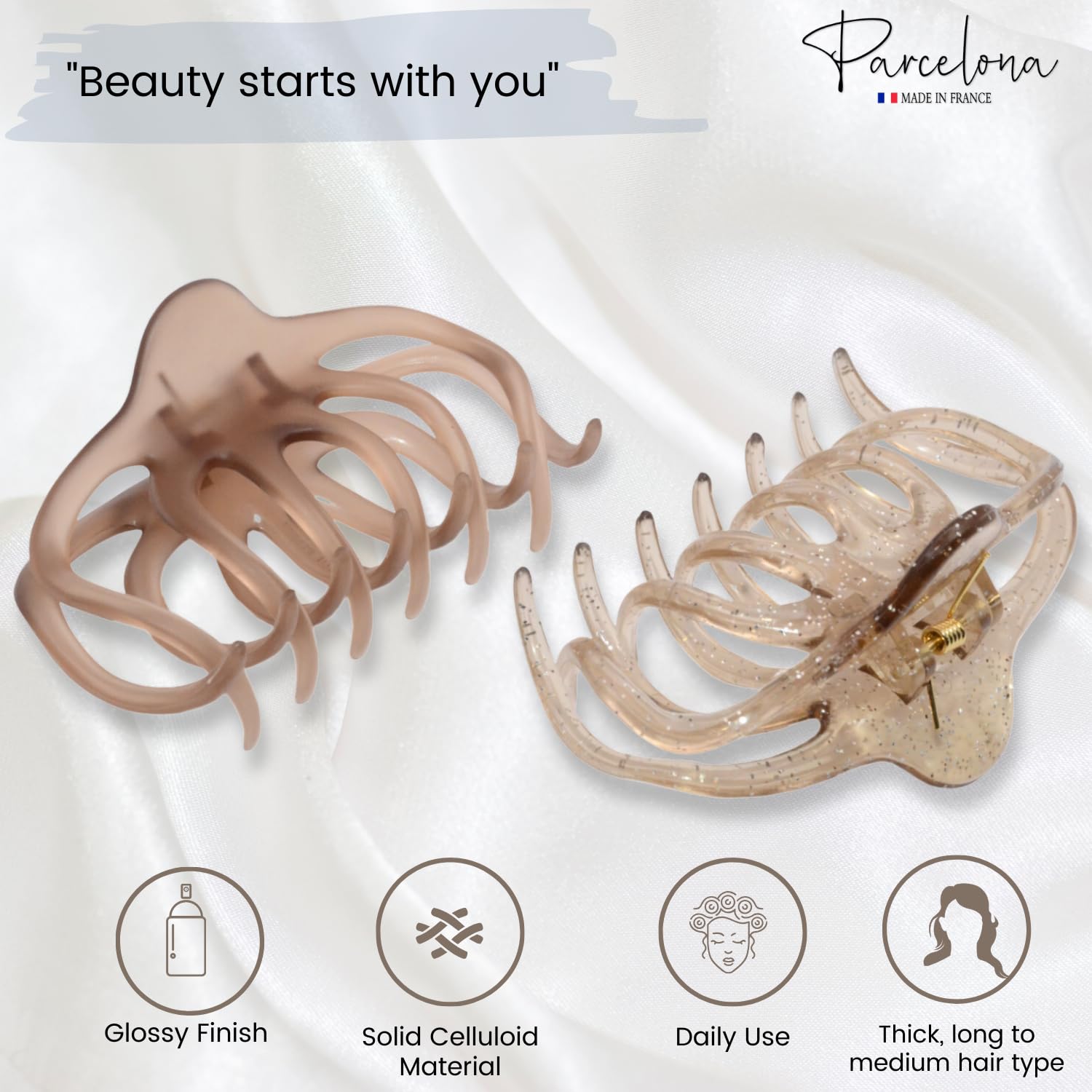 Parcelona French Dendrite Matte Brown N Crystal Brown Large Hair Claw Clip-2 Pcs