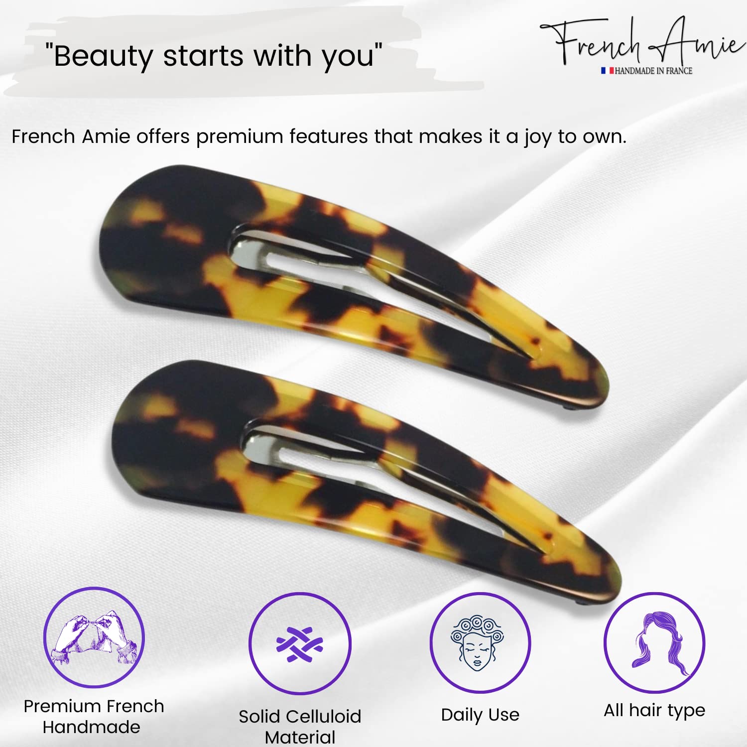 French Amie Clic Clac Large Handmade Celluloid Snap Hair Pins for Women(2 Pcs)