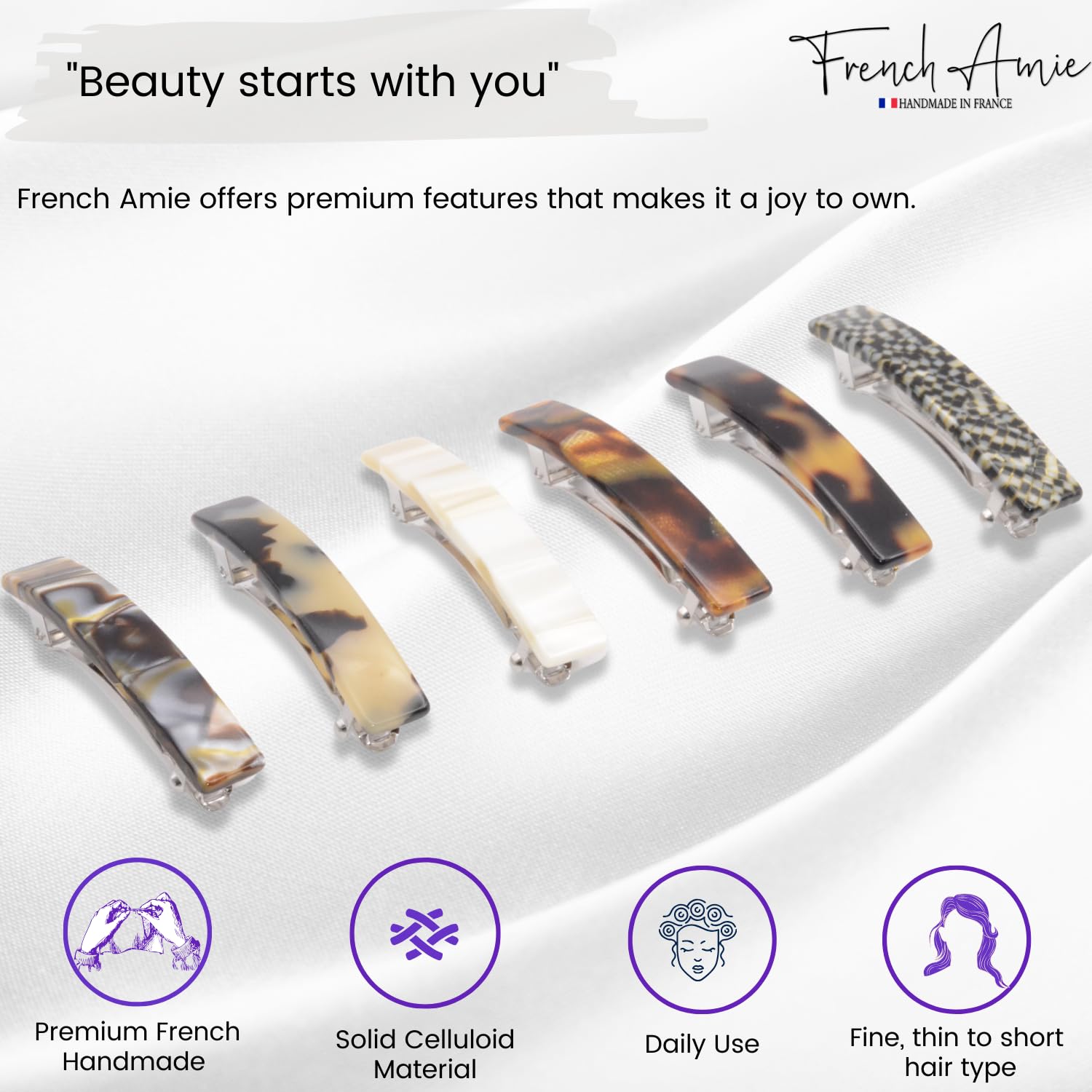 French Amie Bar Mini Set of 6 Handmade Celluloid Hair Clip Barrette for Girls