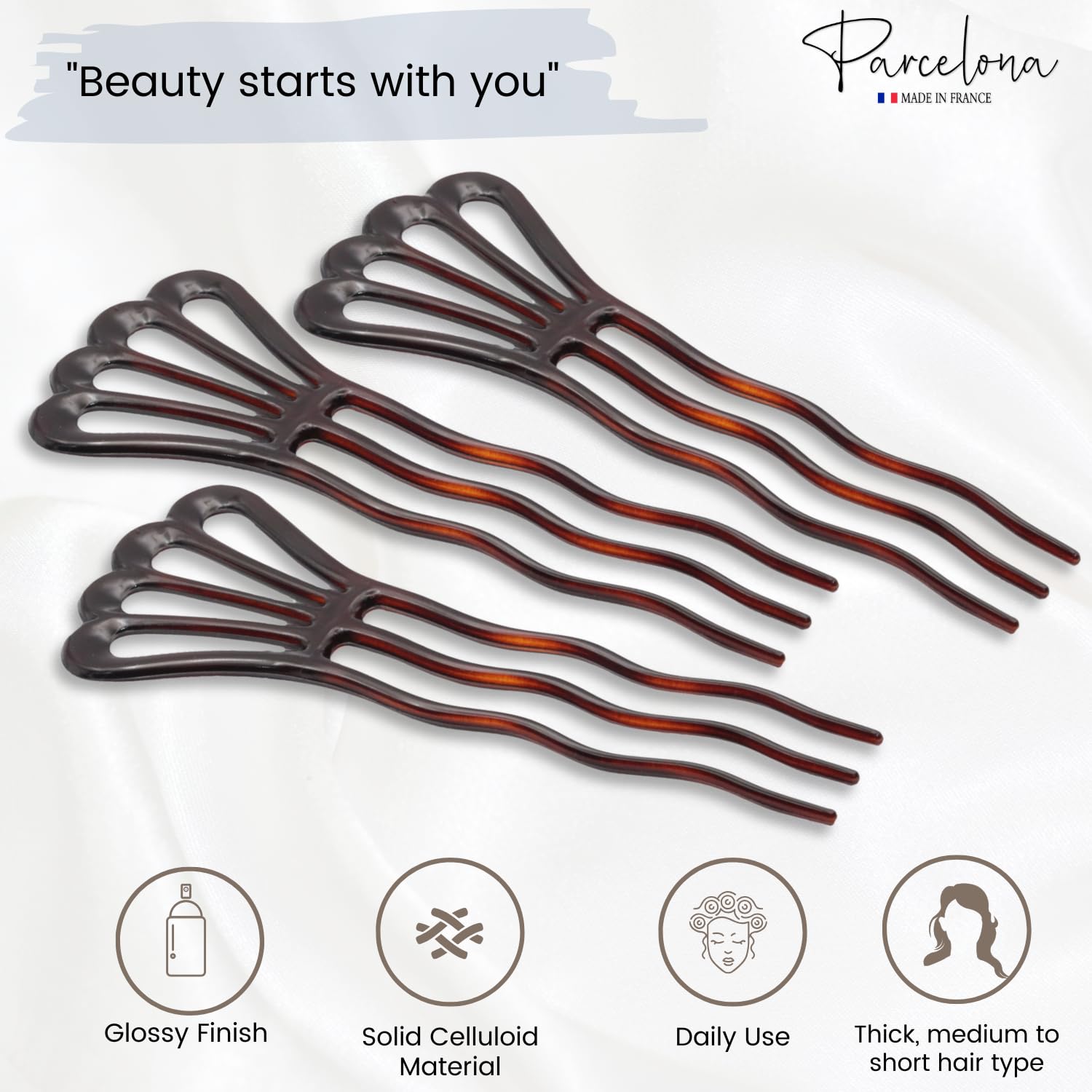 Parcelona French Wavy Three Teeth Shell Large Set of 3 Chignon Hair Pin Sticks