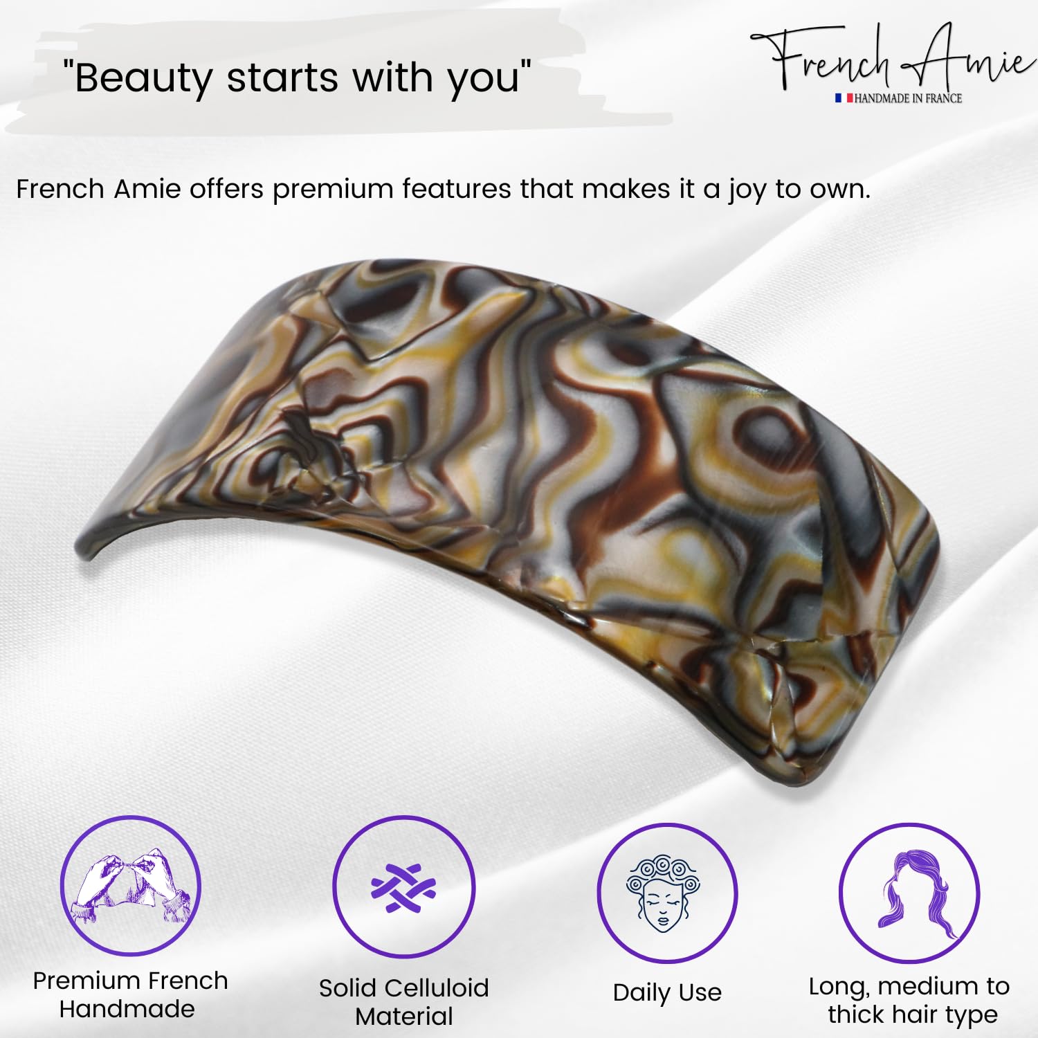 French Amie Broad Curved Oblong Large Celluloid Acetate Hair Barrette for Women