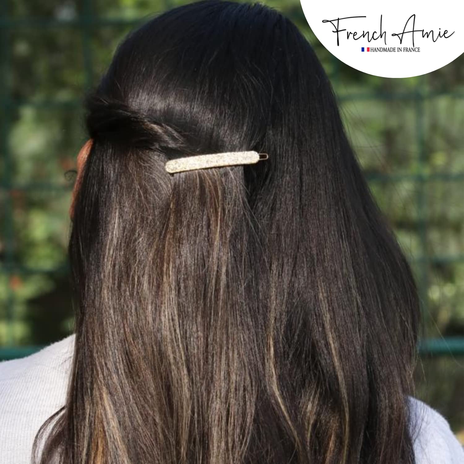 French Amie Rounded Oblong Small Silver Glitter Celluloid Snap Hair Clip 2Pcs