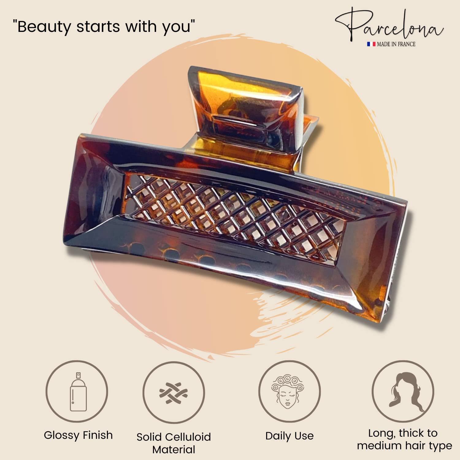 Parcelona French Crisscross Rectangle Brown Medium Celluloid Good Grip Hair Clip