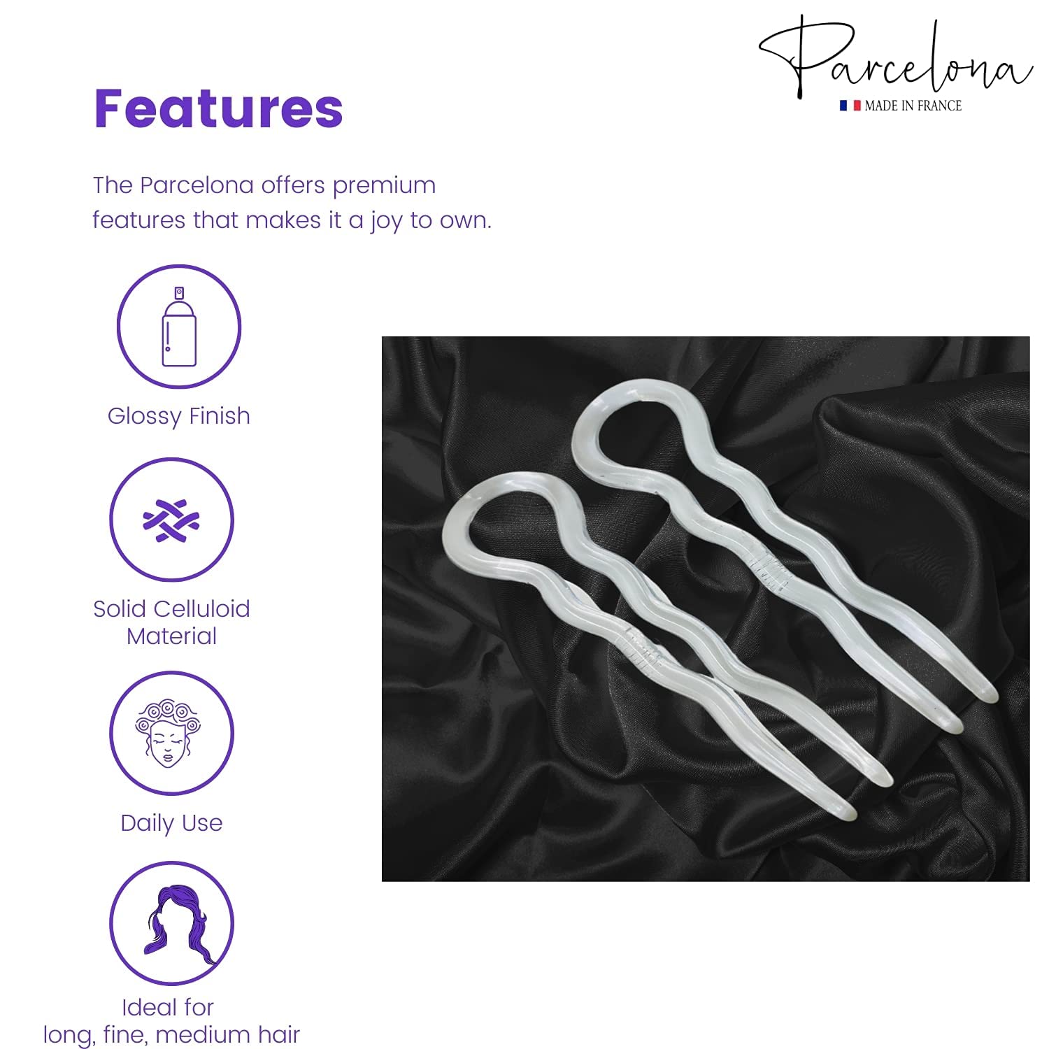 Parcelona French Sleek 3 1/2" Cellulose Wavy U Shaped Hair Pins for Women(2 Pcs)