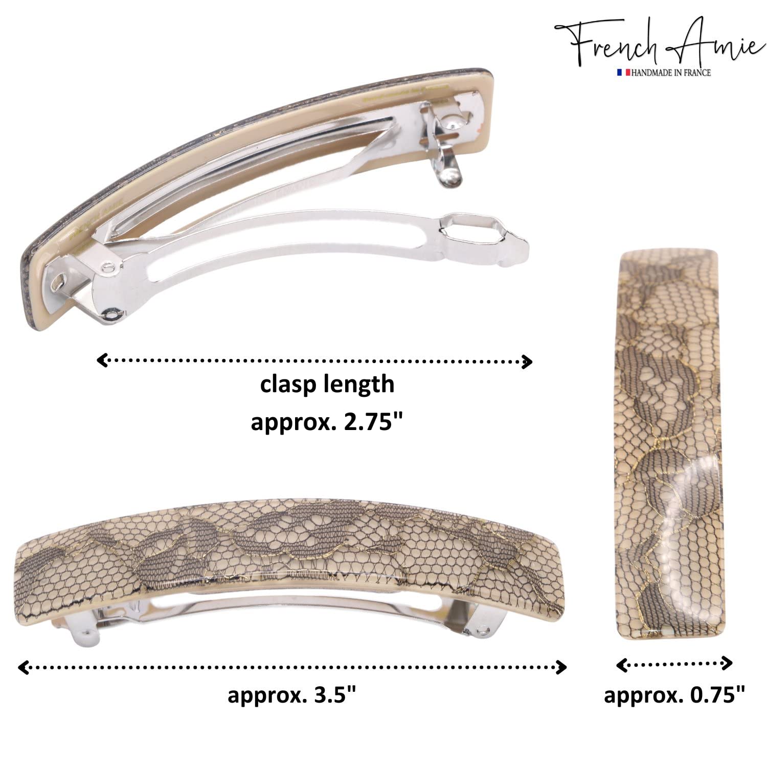 French Amie Oblong 3 1/2" Cellulose Handmade Automatic Hair Barrette for Women