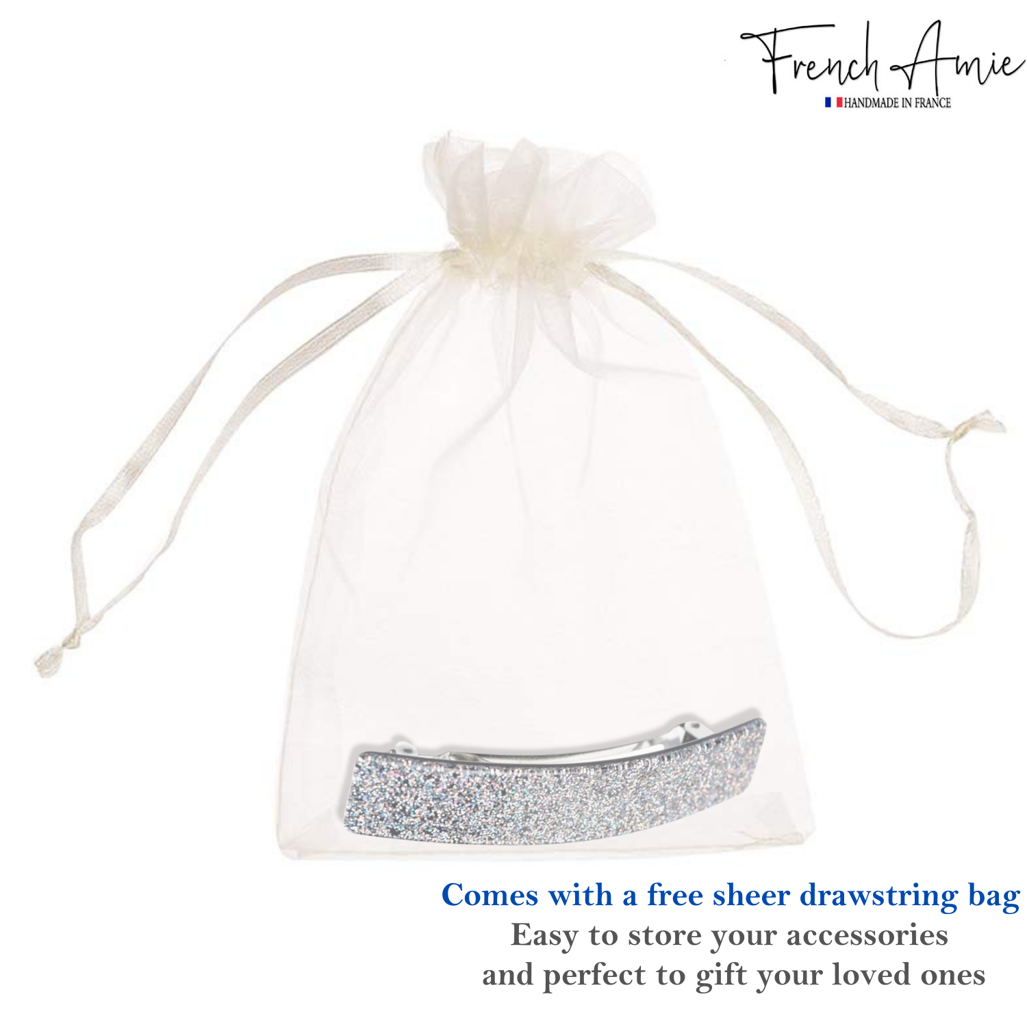 French Amie Glittery Bar Large Handmade Cellulose Hair Clip Barrette for Women