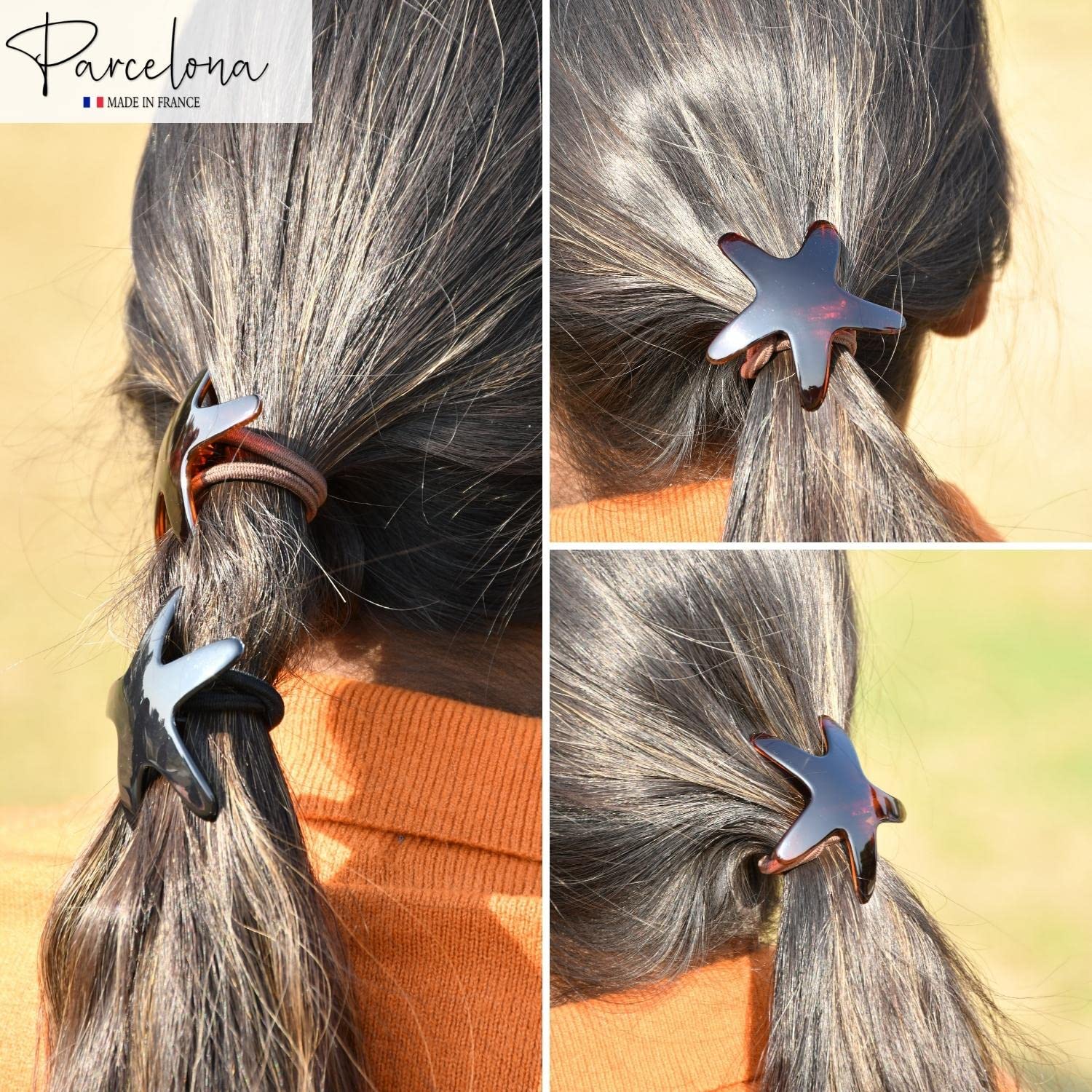 Parcelona French Star Brown Shell and Black Ponytail Holder Hair Elastic