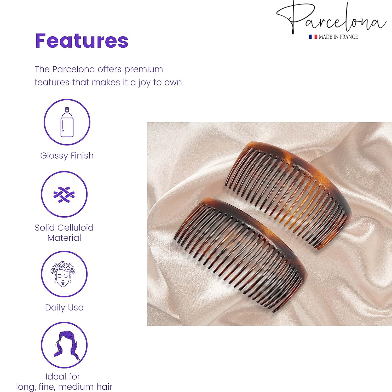 Parcelona French Glossy Large Cellulose Updo 23 Teeth Hair Side Combs(2 Pcs)