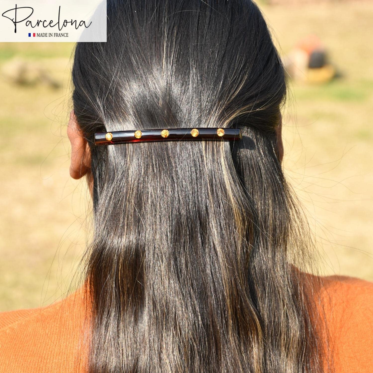 Parcelona French Long Narrow Crystals Large Cellulose Acetate Hair Clip Barrette