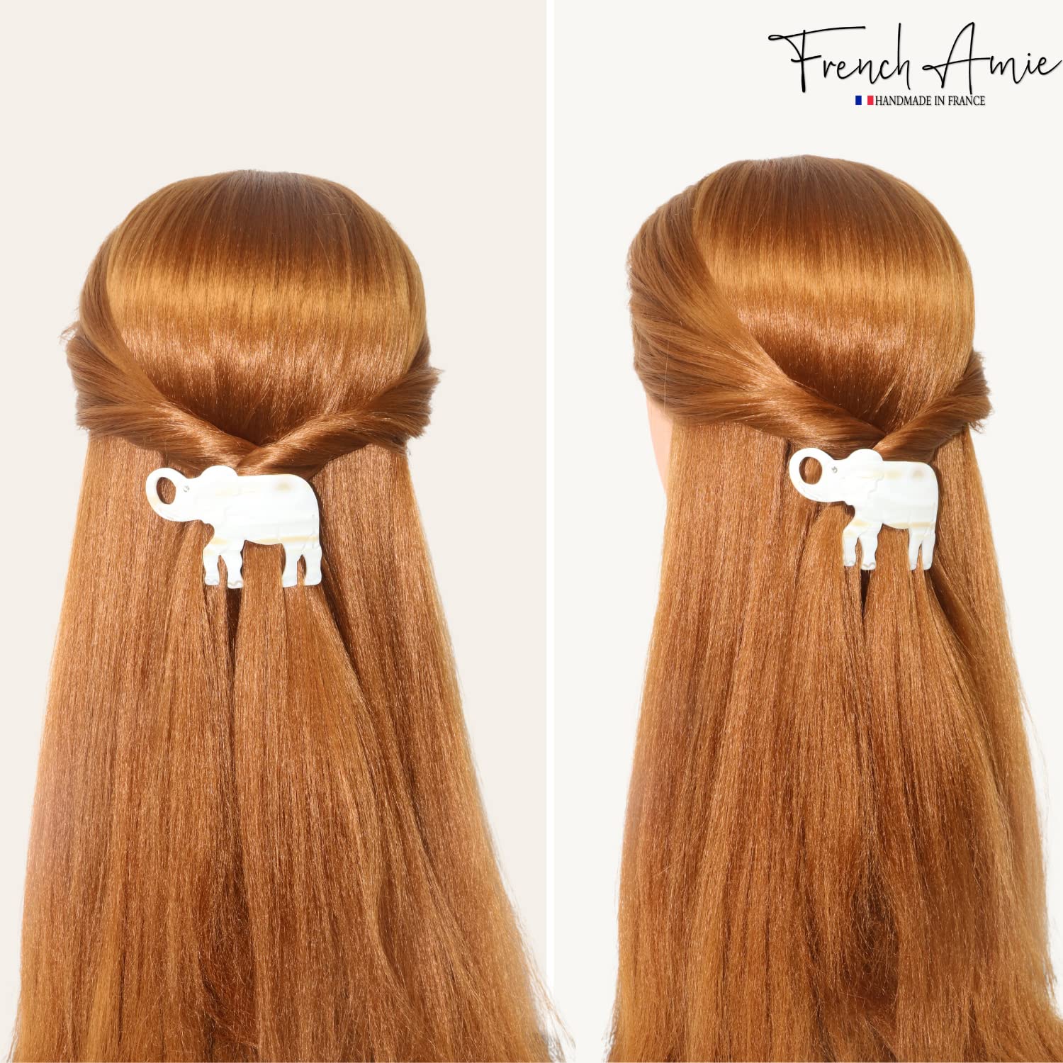 French Amie Elephant Crystal Cream Ivory Cellulose Handmade Hair Barrette