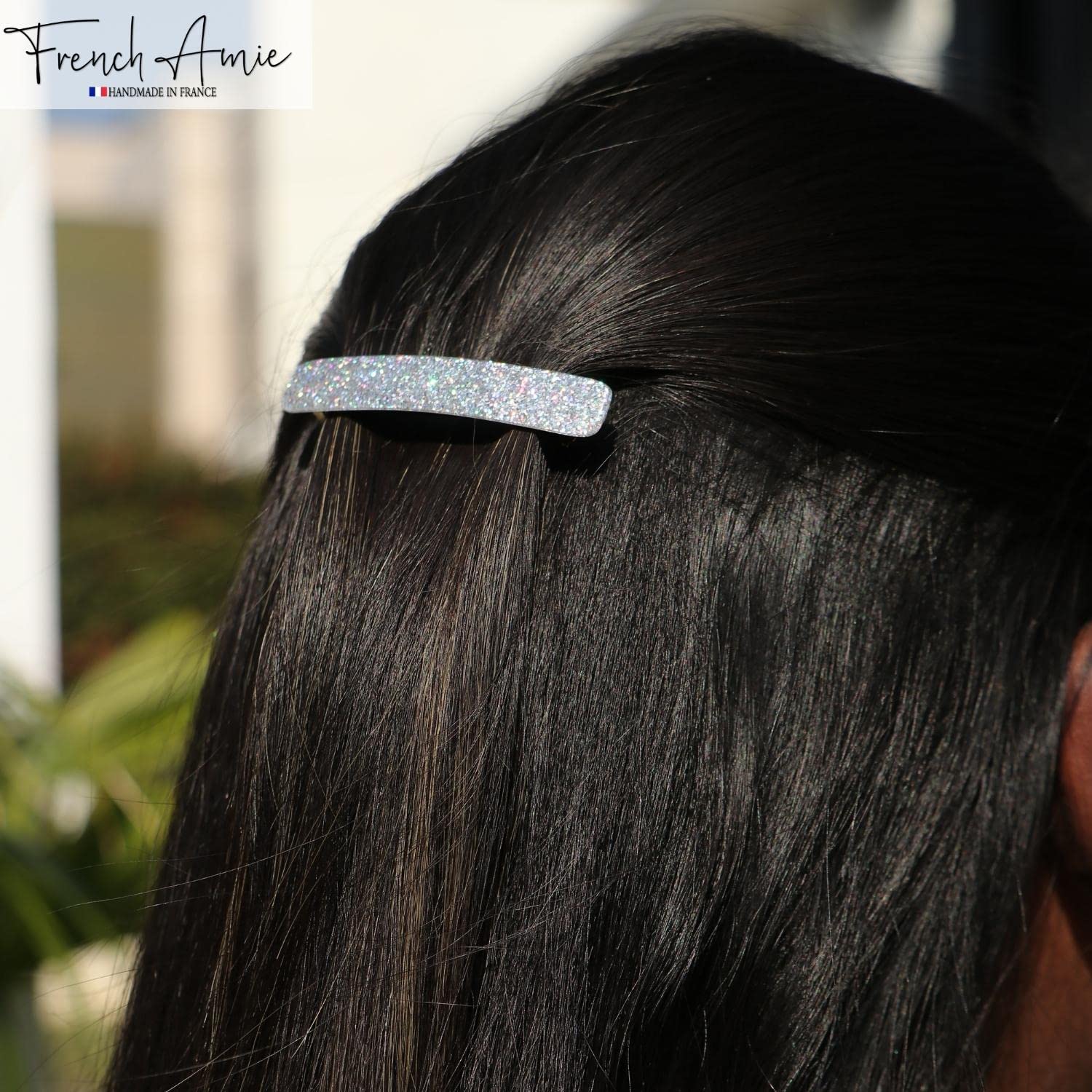 French Amie Small 2 1/4" Glitter Cellulose Acetate Automatic Hair Clip Barrette