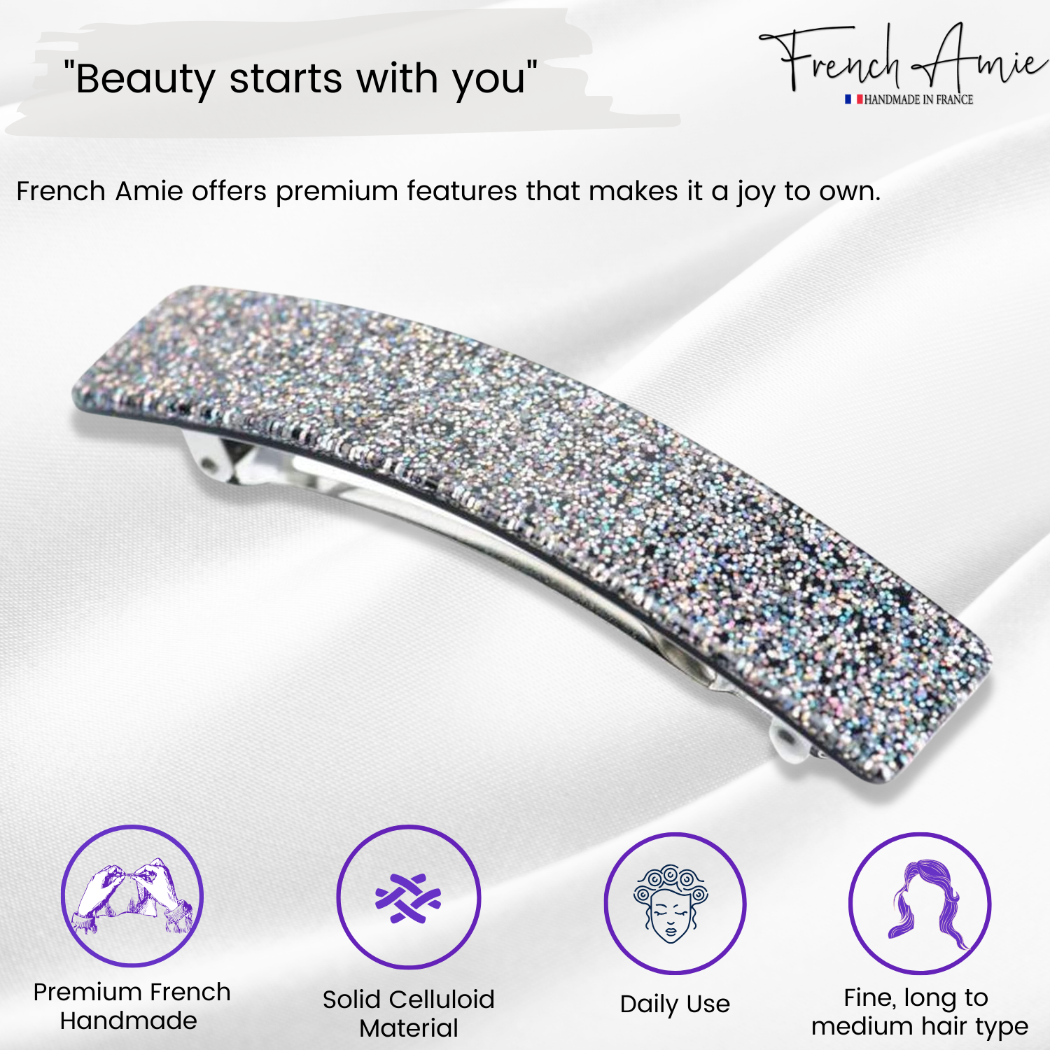 French Amie Glittery Bar Large Handmade Cellulose Hair Clip Barrette for Women