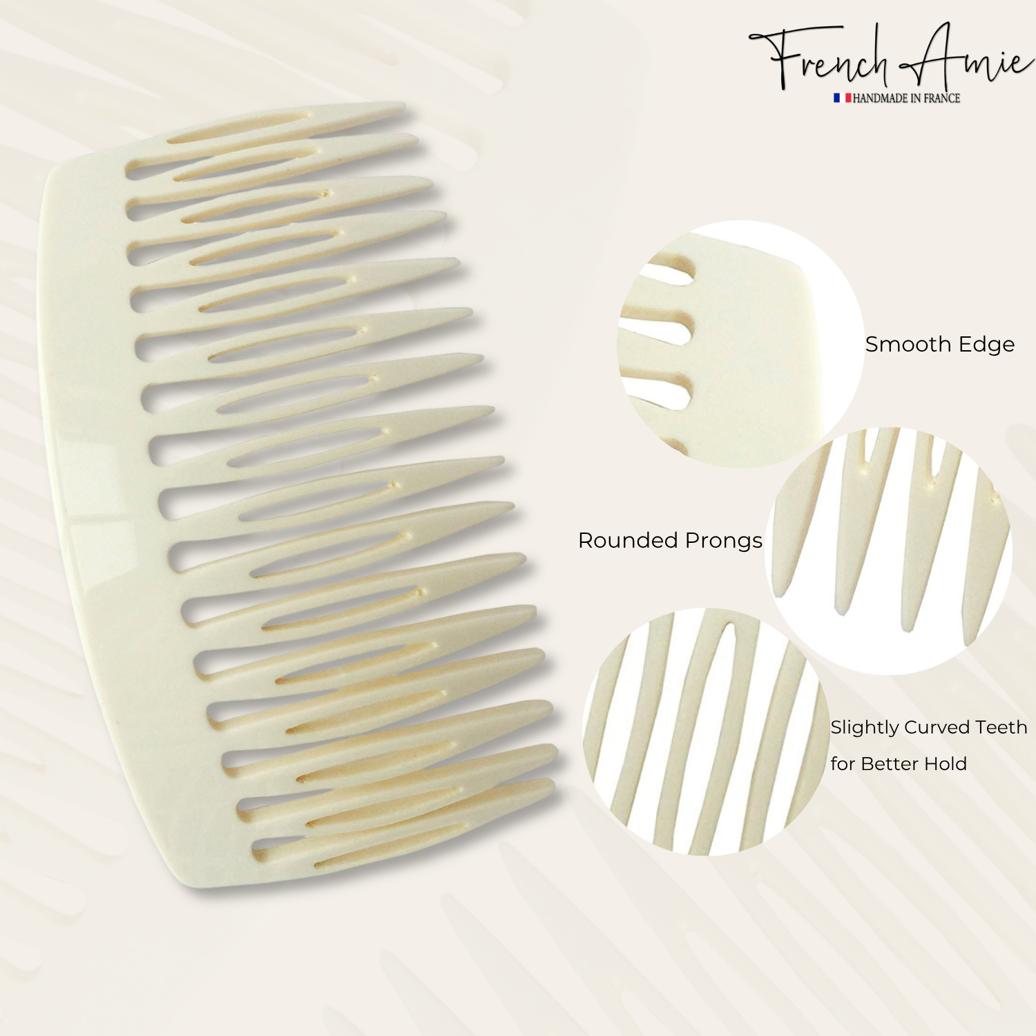 French Amie Handmade Solid Ivory Celluloid Acetate 16 Teeth Side Hair Comb