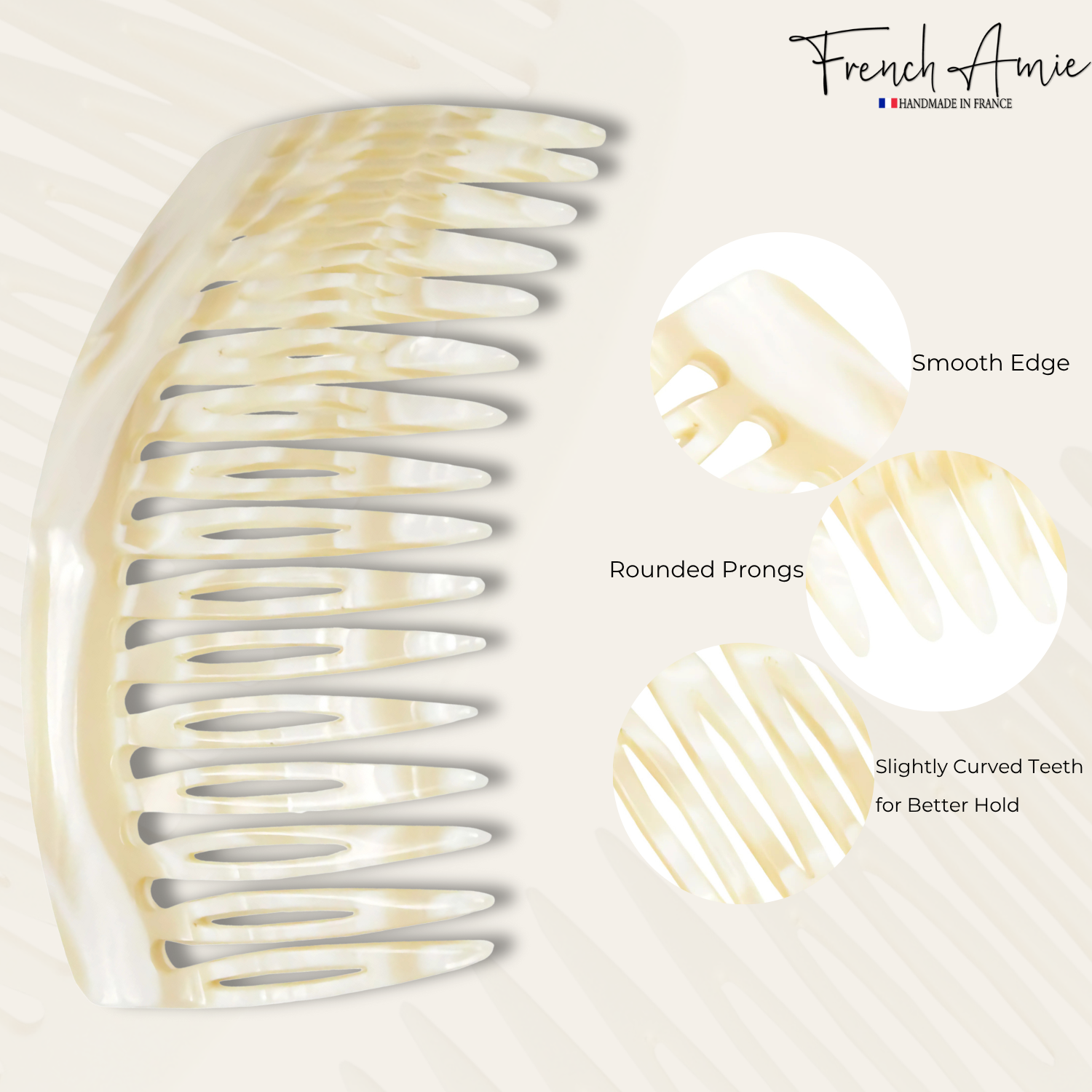 French Amie Handmade Ivory Cream Medium Celluloid 16 Teeth Side Hair Comb