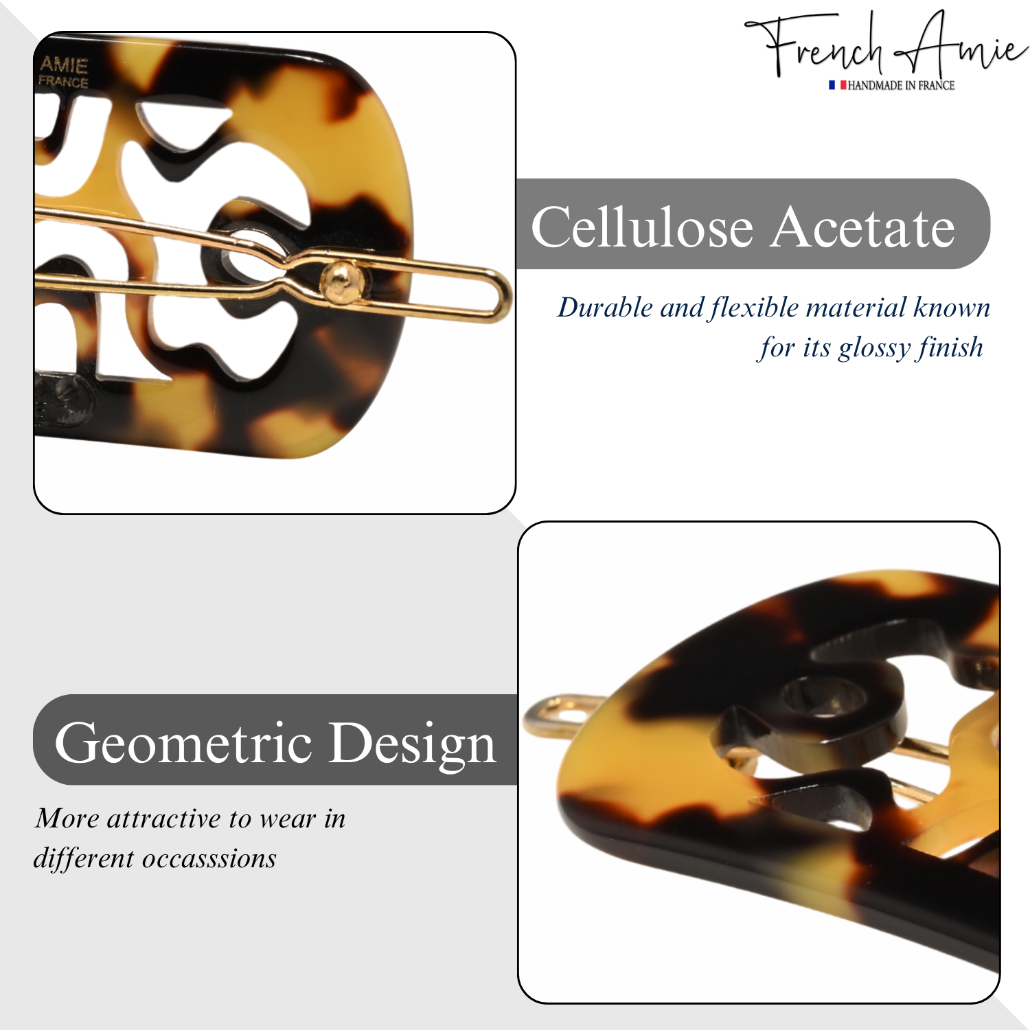 French Amie Swirls 2 ¼” Cellulose Handmade Tige Boule Snap Hair Clips for Women