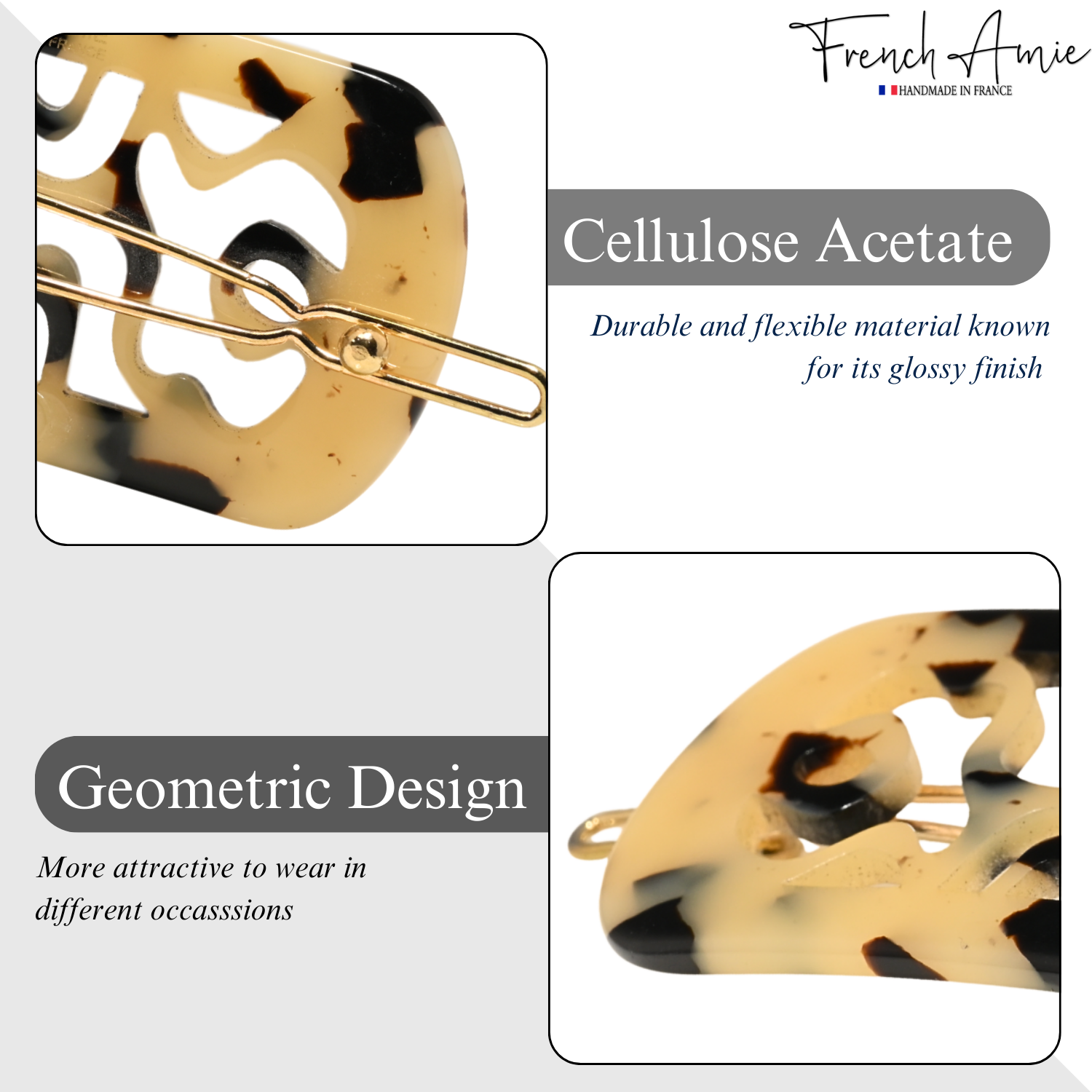 French Amie Swirls 2 ¼” Cellulose Handmade Tige Boule Snap Hair Clips for Women