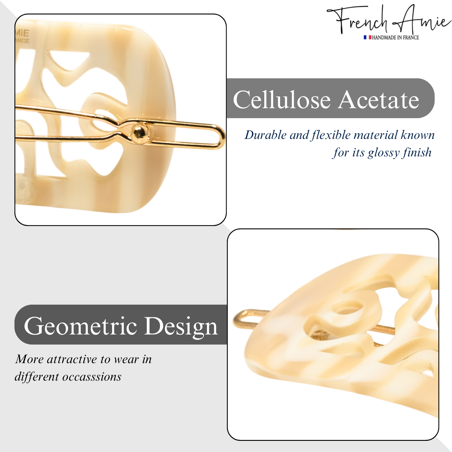 French Amie Swirls 2 ¼” Cellulose Handmade Tige Boule Snap Hair Clips for Women