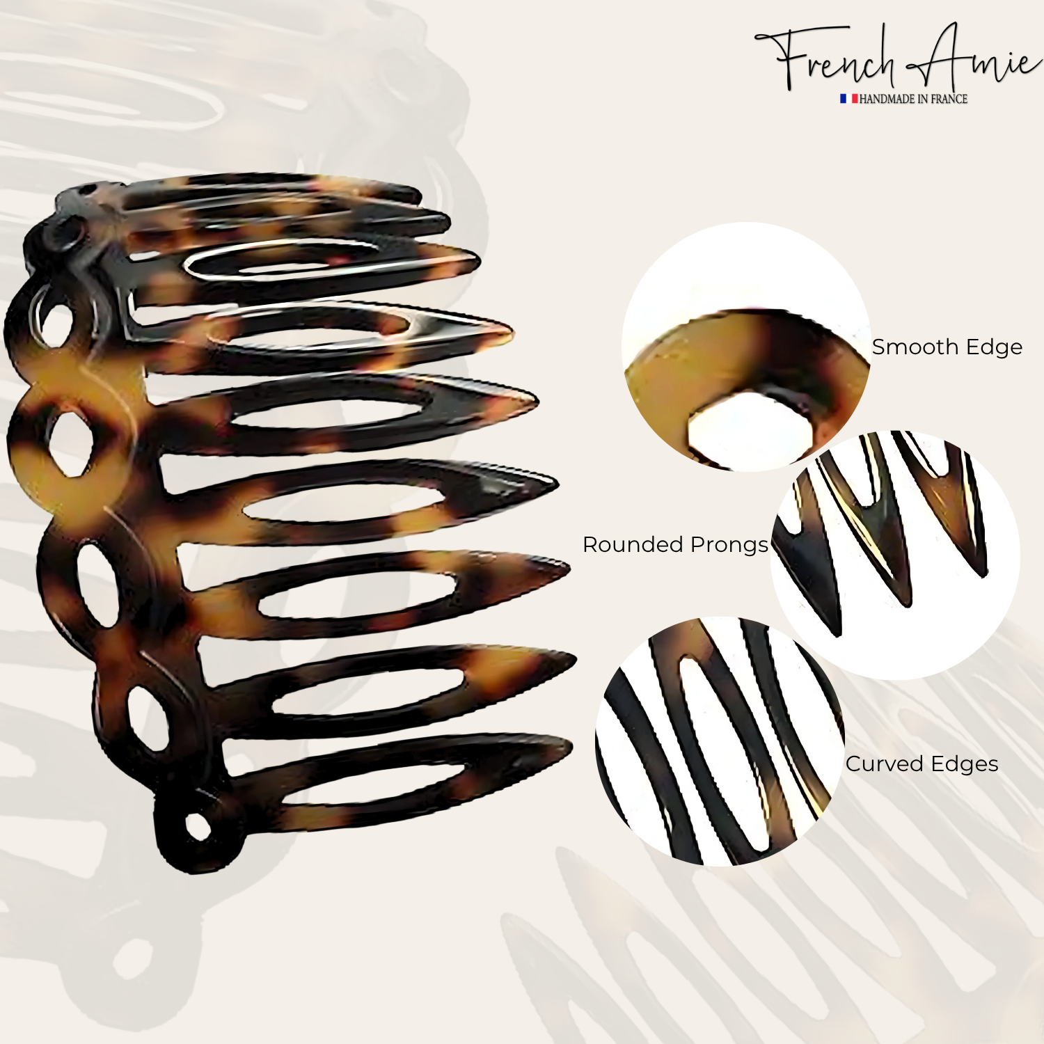 French Amie Handmade Medium Tokyo Open Curved 9 Teeth Shell Side Hair Comb