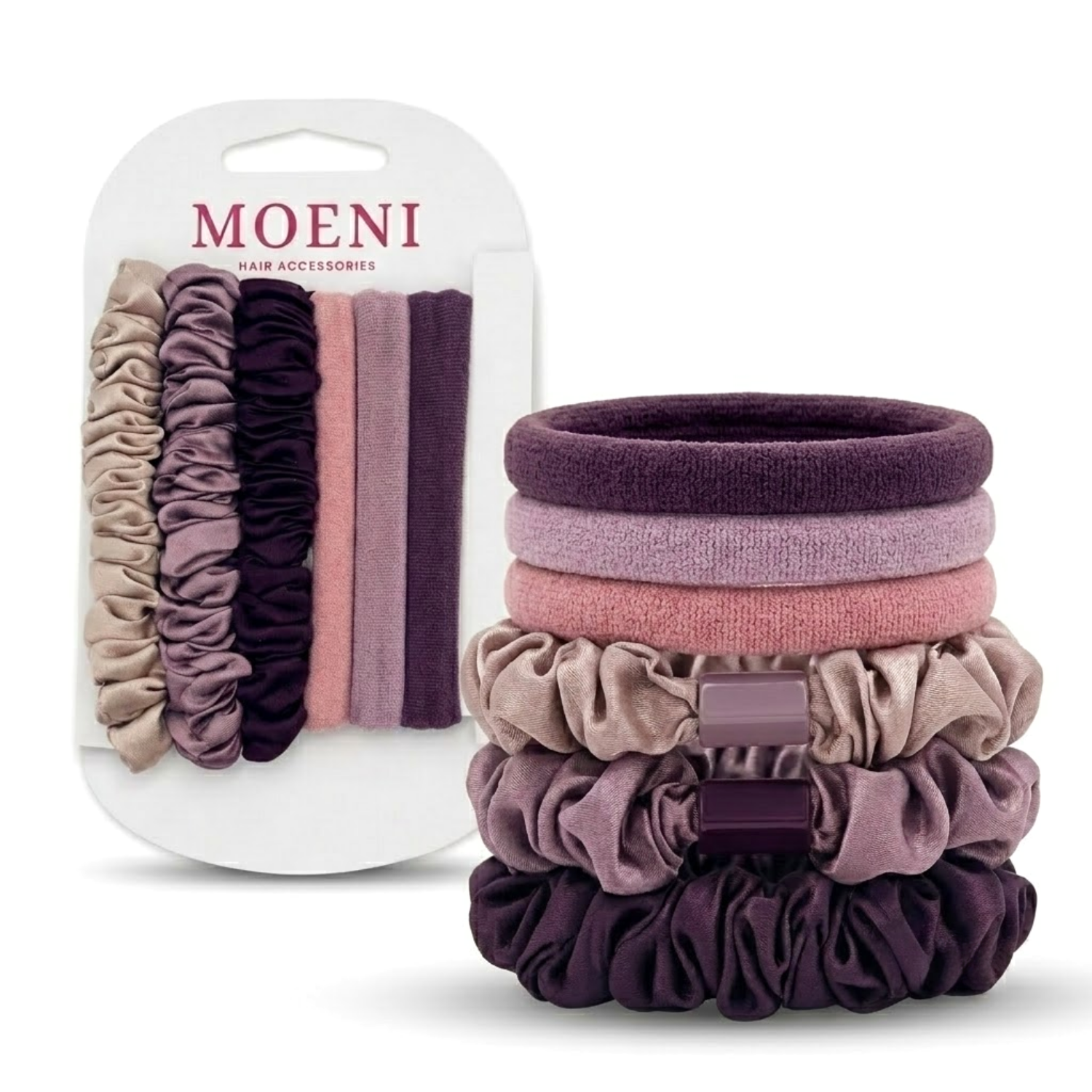 Moeni Oella Satin Scrunchies and Elastic Hair Ties Set 6 Pc Medium 3 Inch